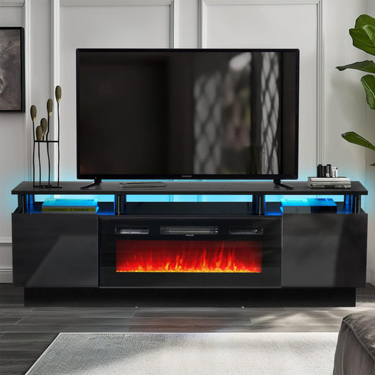 AOXUN 70-in W Black TV Stand with LED Electric Fireplace H21014BK+H20020
