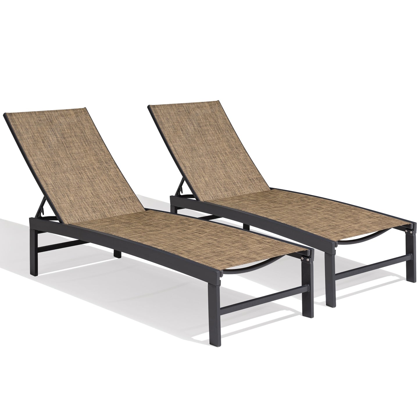 Crestlive Products Outdoor Patio Adjustable Chaise Lounge Chair Set of 2 Brown Aluminum Frame Stationary Chaise Lounge Chair with Tan Textilene Mesh Seat