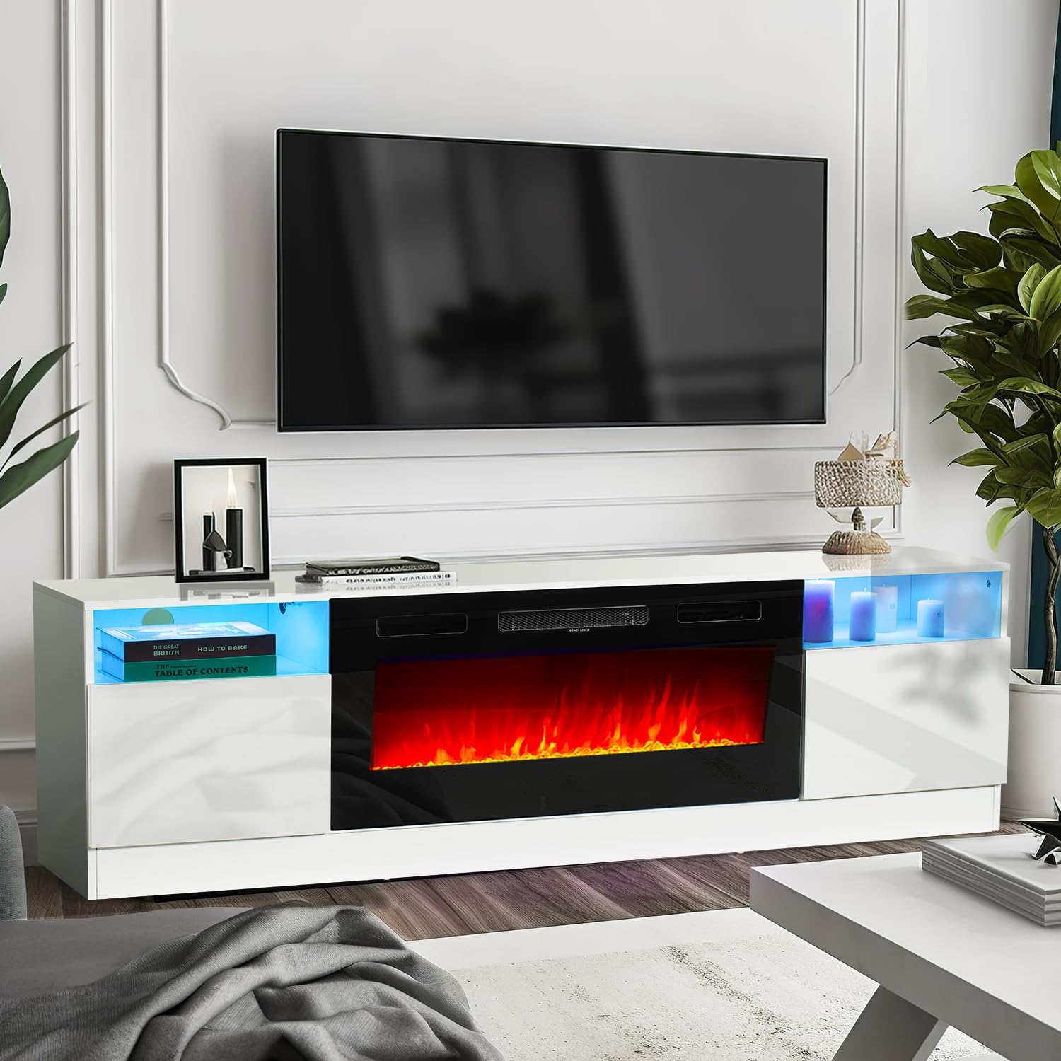 AOXUN 70-in W White TV Stand with LED Electric Fireplace H21012BR+H20017