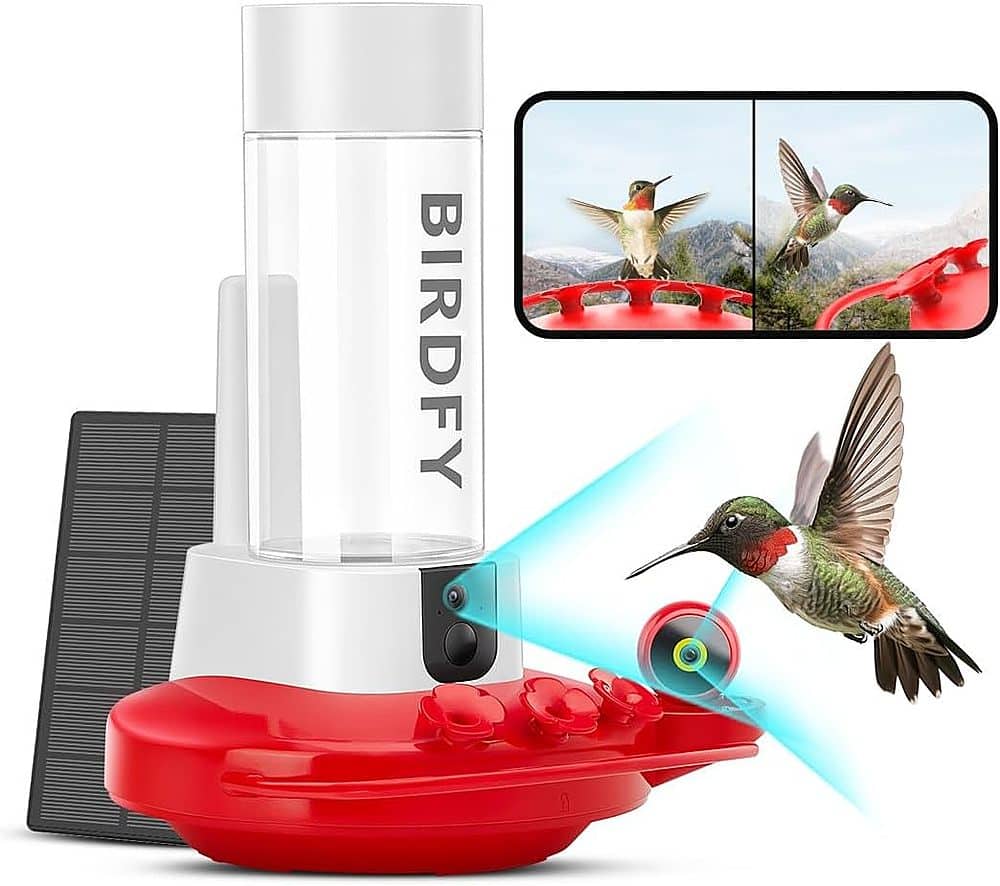 BIRDFY - Smart Hummingbird Feeder, w/Dual HD Cameras, Solar Power, and AI Enabled Bird Recognition - Red and White