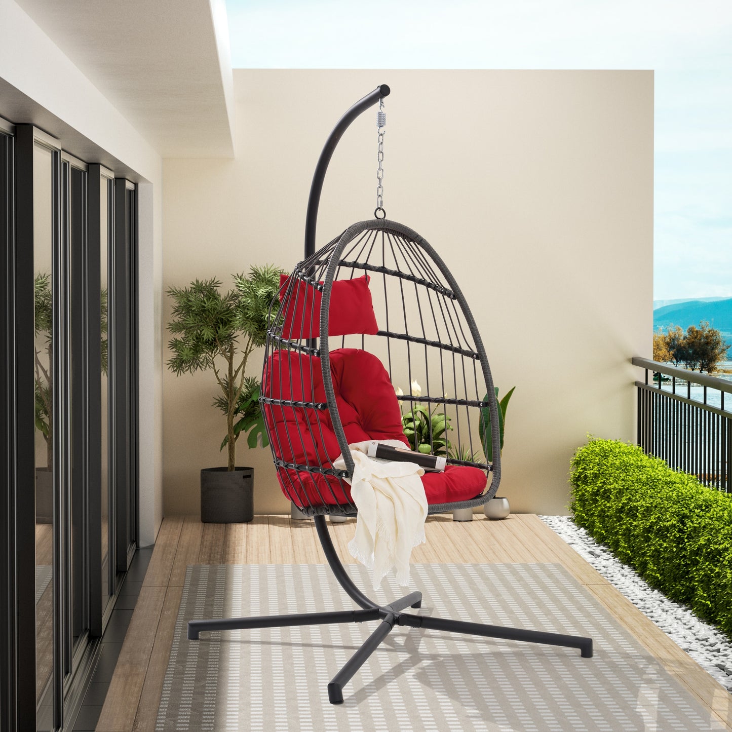 CESICIA Patio Chairs Rattan Red Rattan Frame Hanging Egg Chair with Red Cushioned Seat