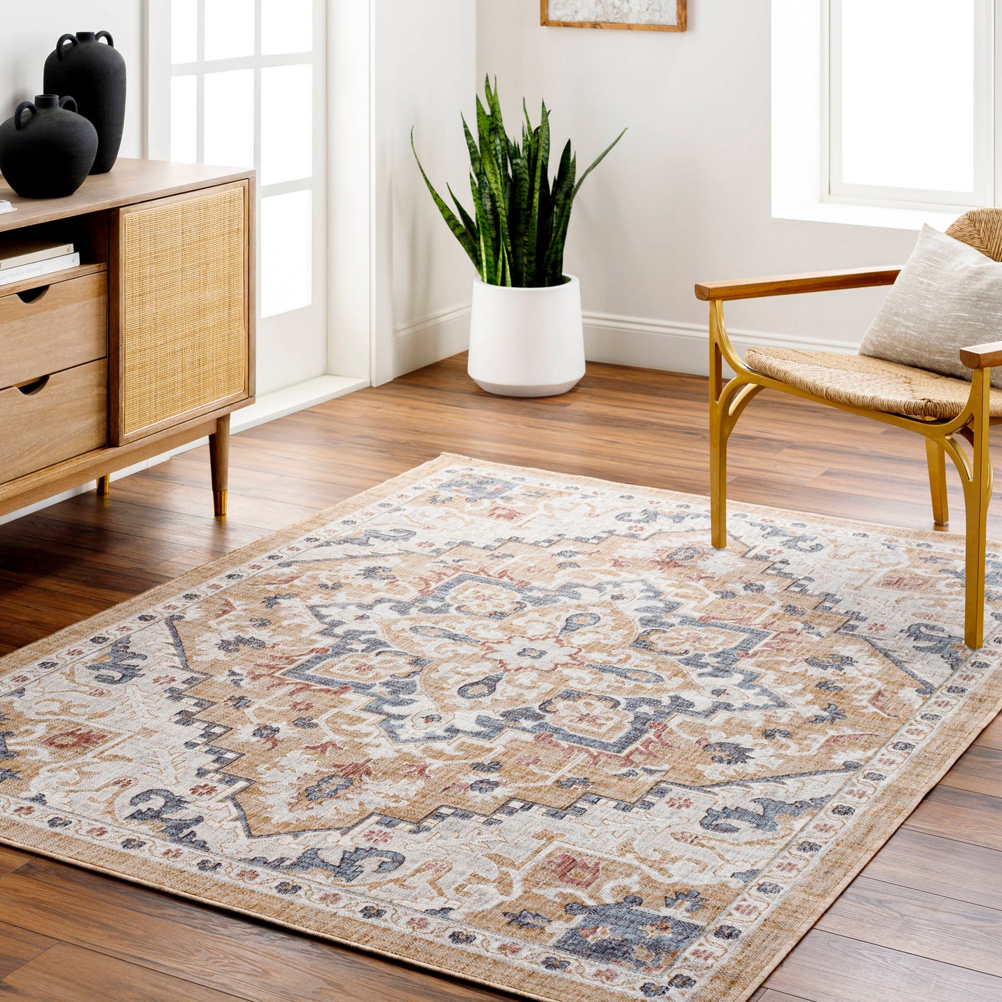 Livabliss Juliet 7 x 9 (ft) Flatweave Metallic Gold Rectangular Indoor/Outdoor Medallion Oriental Pet Friendly Area rug