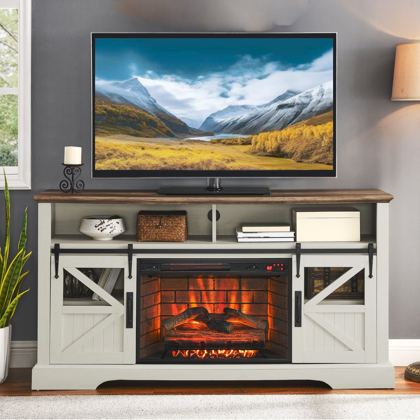 ToolCat 60-in W Jasmine White TV Stand with Fan-forced Electric Fireplace MGG3-24-CEMFP