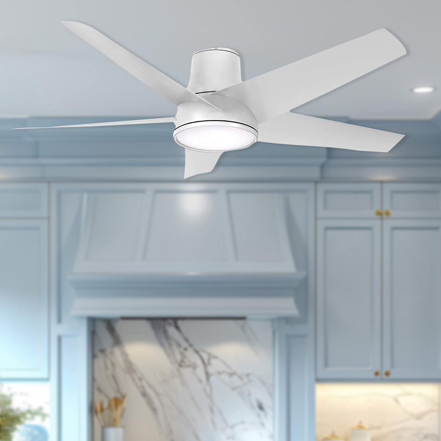 Minka Aire Chubby II 58-in Flat White Integrated LED Indoor/Outdoor Flush Mount Smart Ceiling Fan with Light and Remote (5-Blade) F782L-WHF