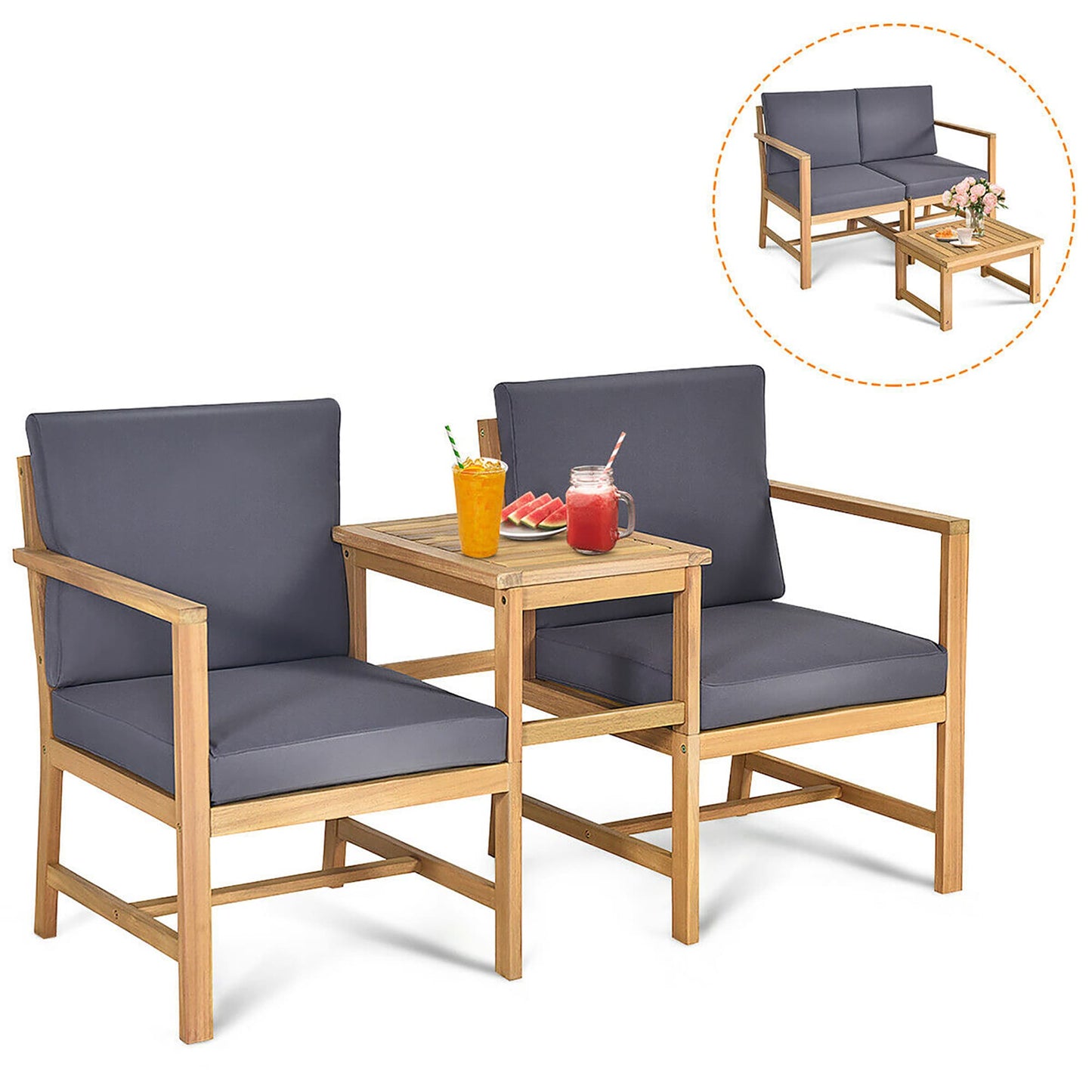 Costway Set of 2 Natural Teak Wood Frame Stationary Conversation Chair with Cushioned Seat