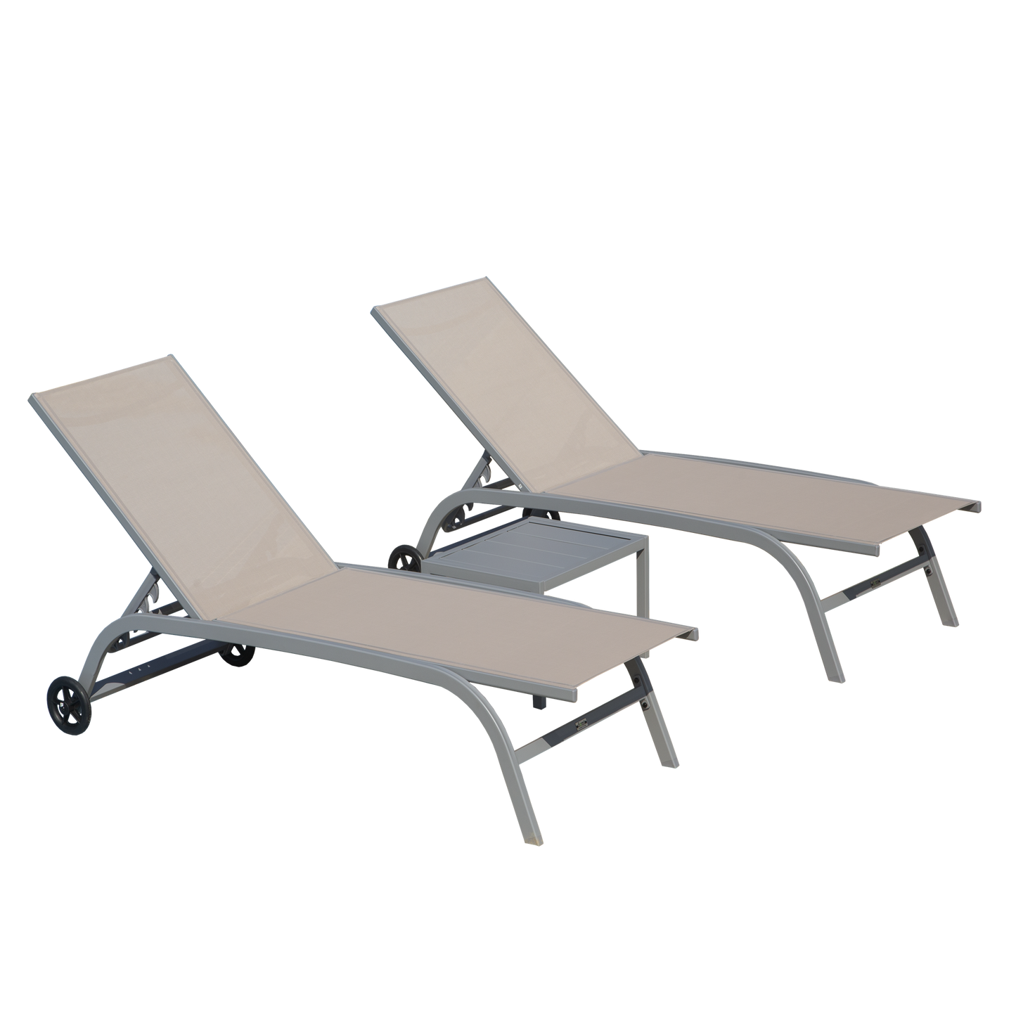 Miki Shinly Outdoor Chaise Lounge Set Set of 2 Silver Aluminum Frame Stationary Chaise Lounge Chair with Brown Sling Seat