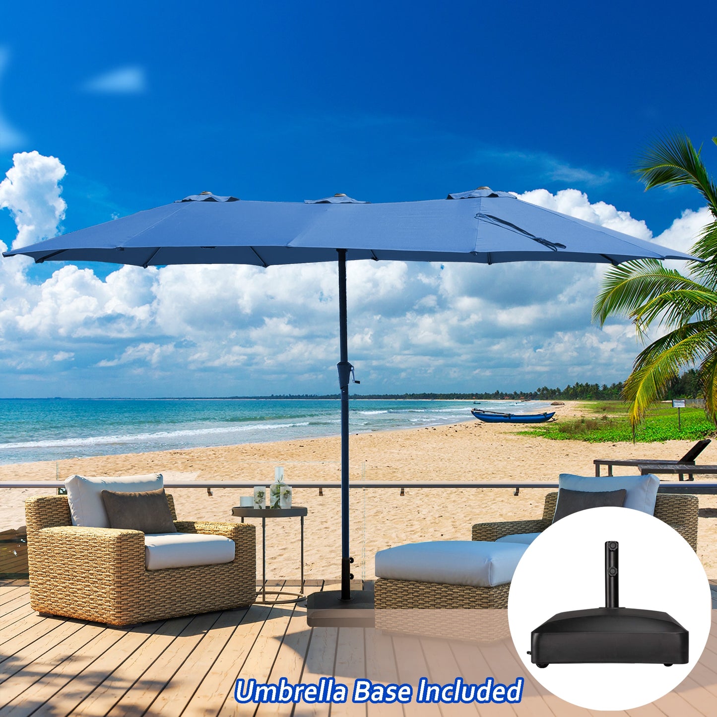 Fun Orange 15-ft Steel Navy No-tilt Market Patio Umbrella with Base