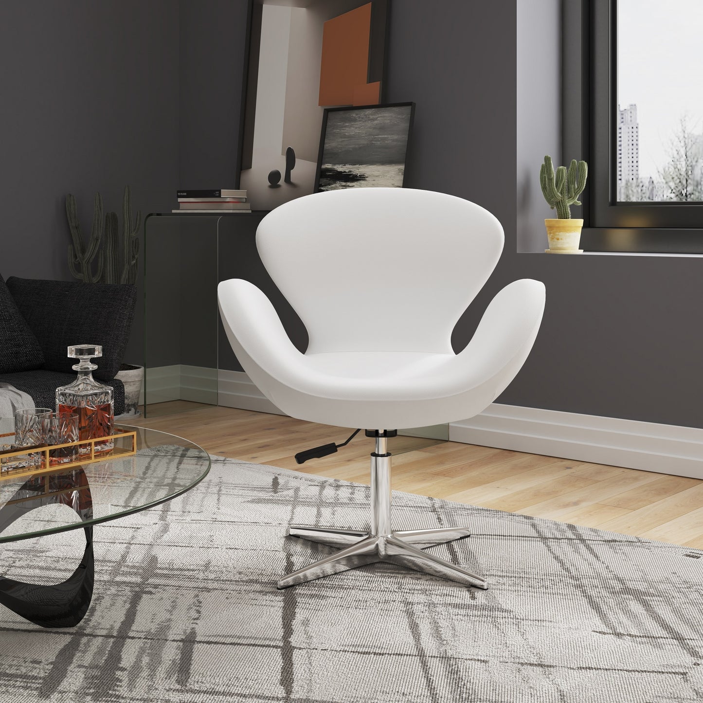 Manhattan Comfort Raspberry Modern White and Polished Chrome Faux leather Swivel Accent Chair
