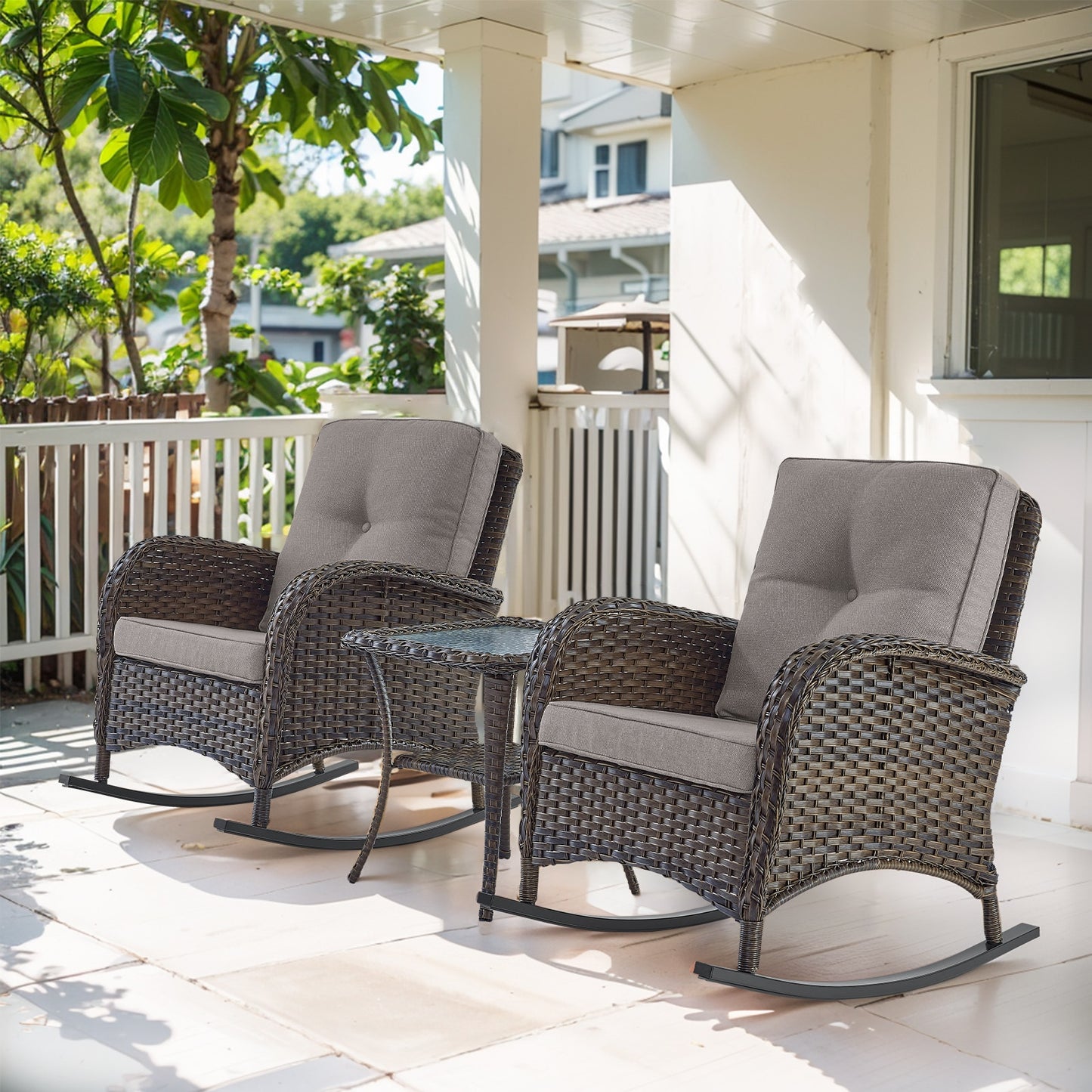 PACHAIRS-T Set of 2 Wicker Brown Steel Frame Conversation Chair with Gray Cushioned Seat