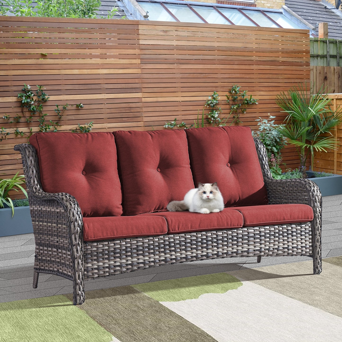 PASOFA-T Wicker Outdoor Sofa with Red Cushions and Steel Frame