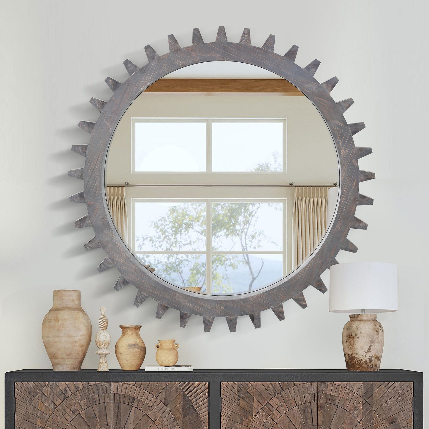 Bybafun 42-Inches W x 42-Inches H Sunburst Brown Framed Wall Mirror