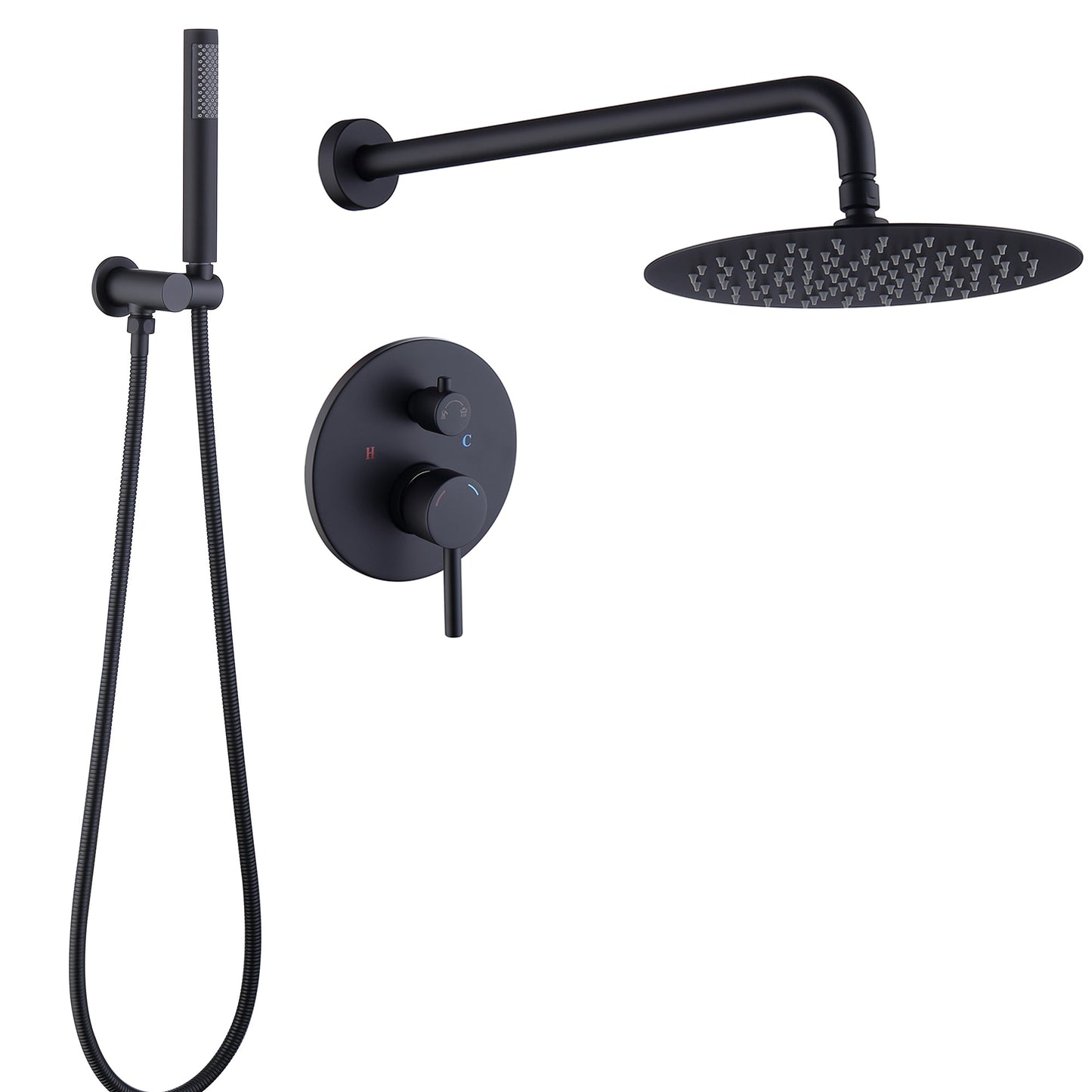 WELLFOR ZC Matte black 10-in Waterfall Dual Head Built-In Shower Faucet System with 2-way Diverter ( Pressure-balanced Valve Included )