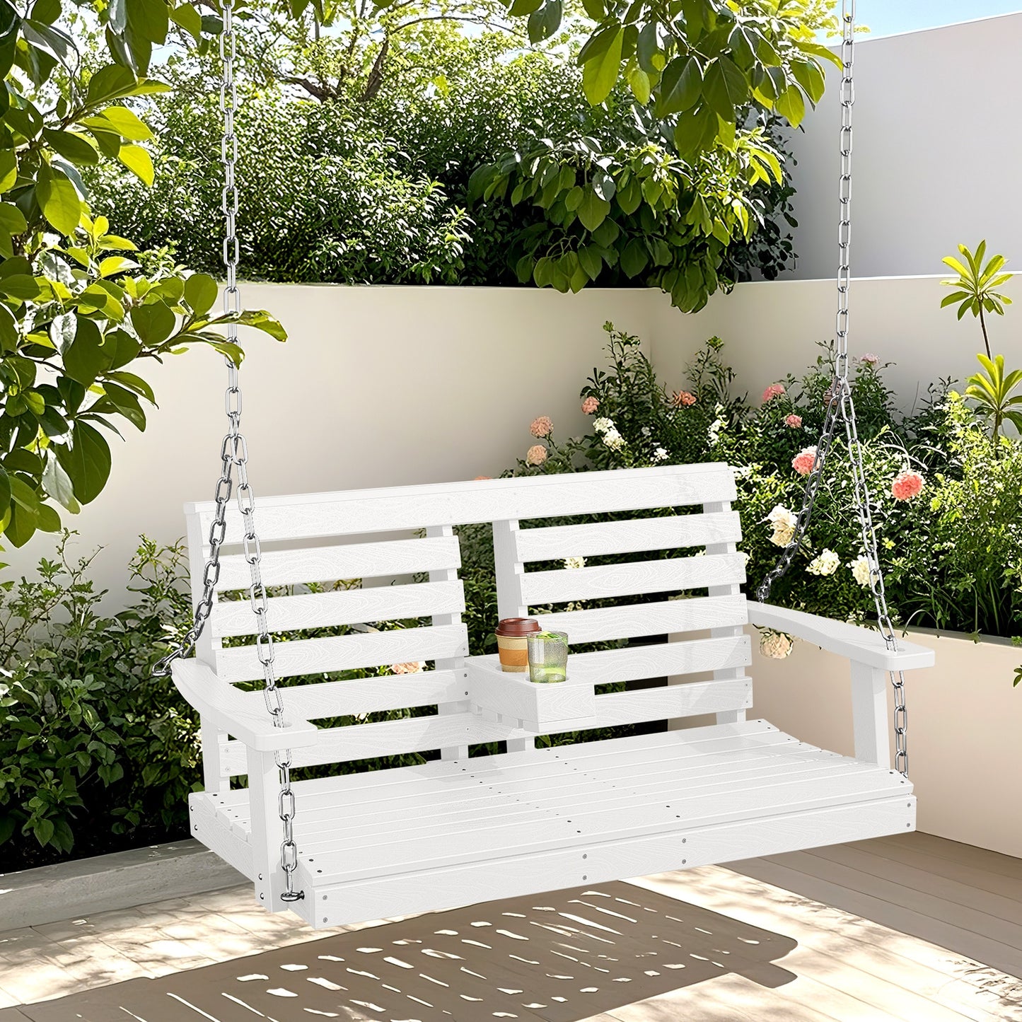 JEAREY Porch Swing Chair With Chains 2 -person White HDPE Outdoor Swing