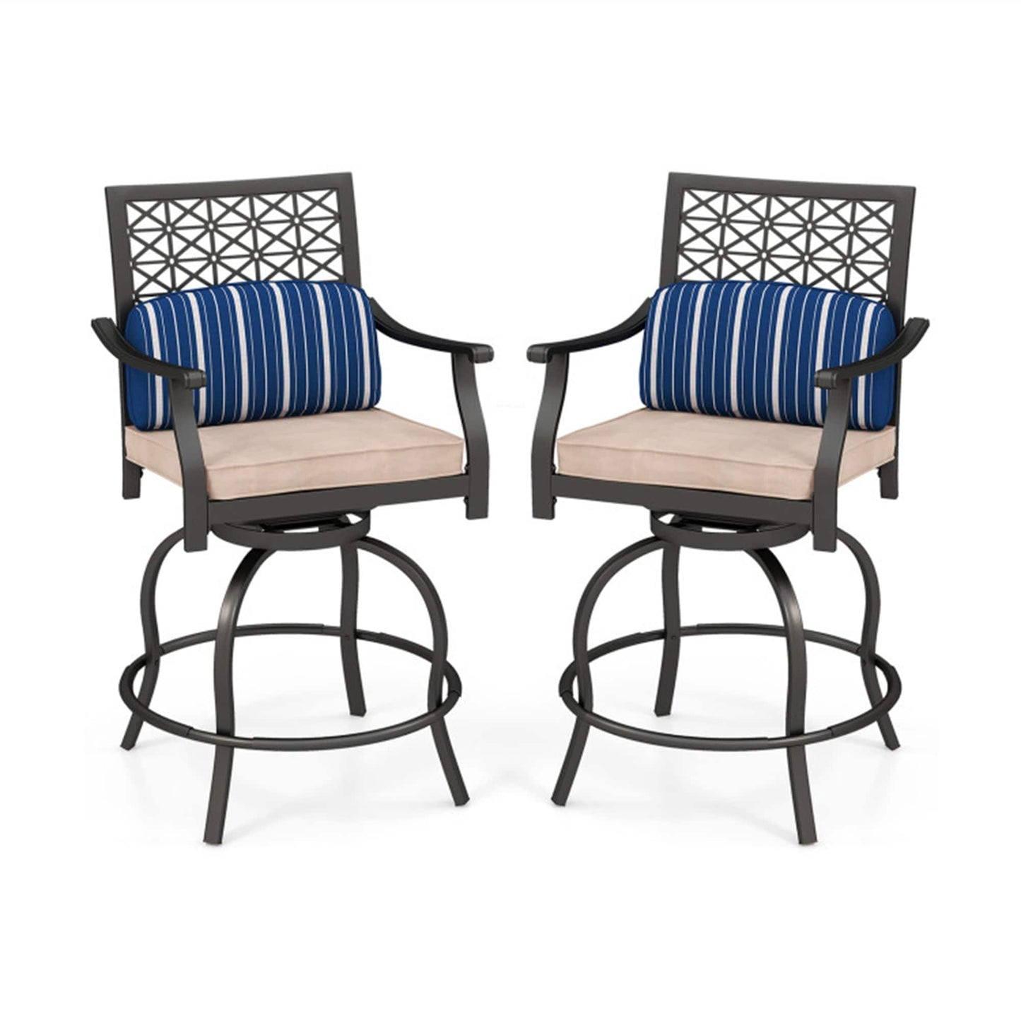 BABOOM Outdoor Bar Stools Set of 2 Black Steel Frame Swivel rocker Bar Stool Chair with Brown Cushioned Seat