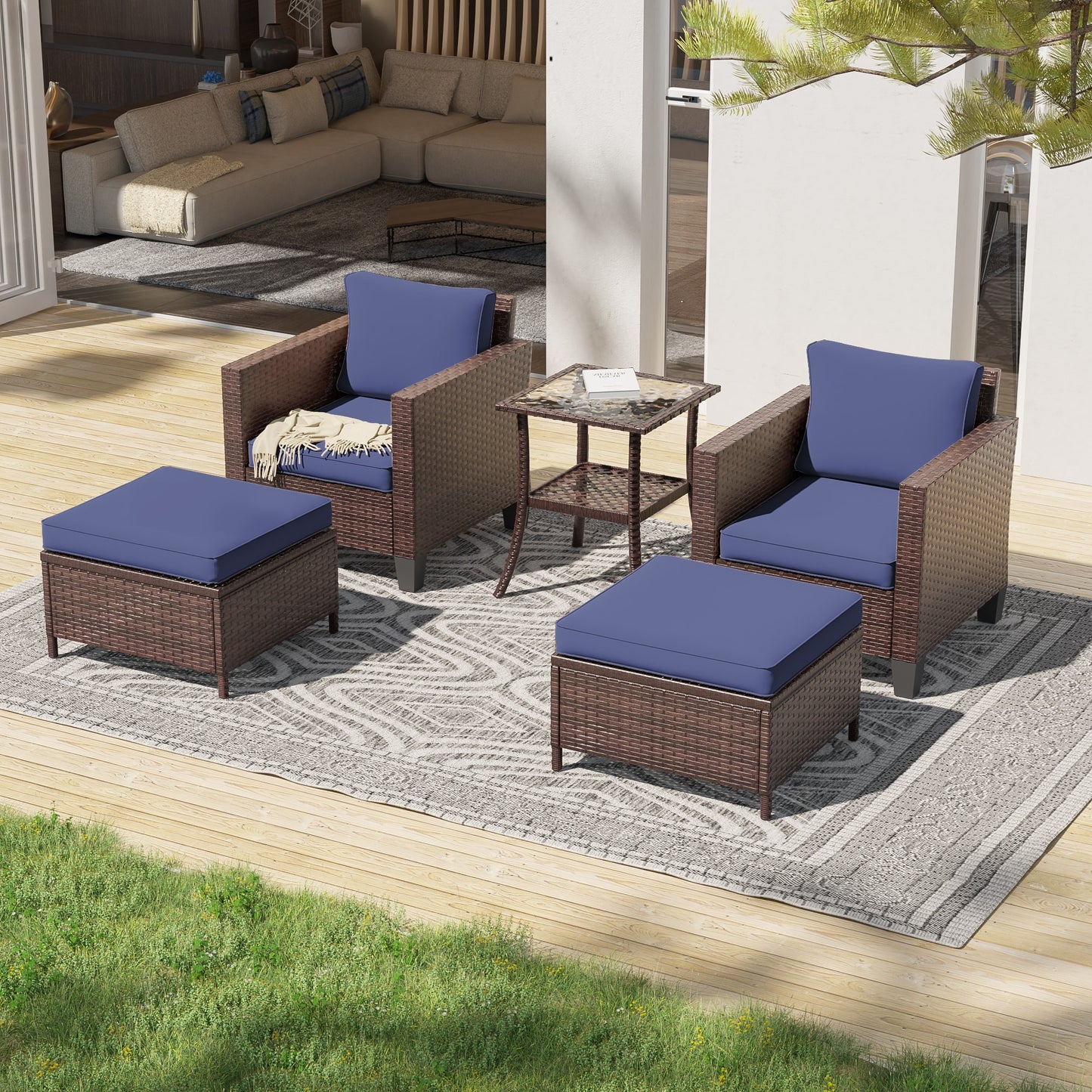 ACEGOSES 5 -Piece Wicker Patio Conversation Set with Navy Cushions