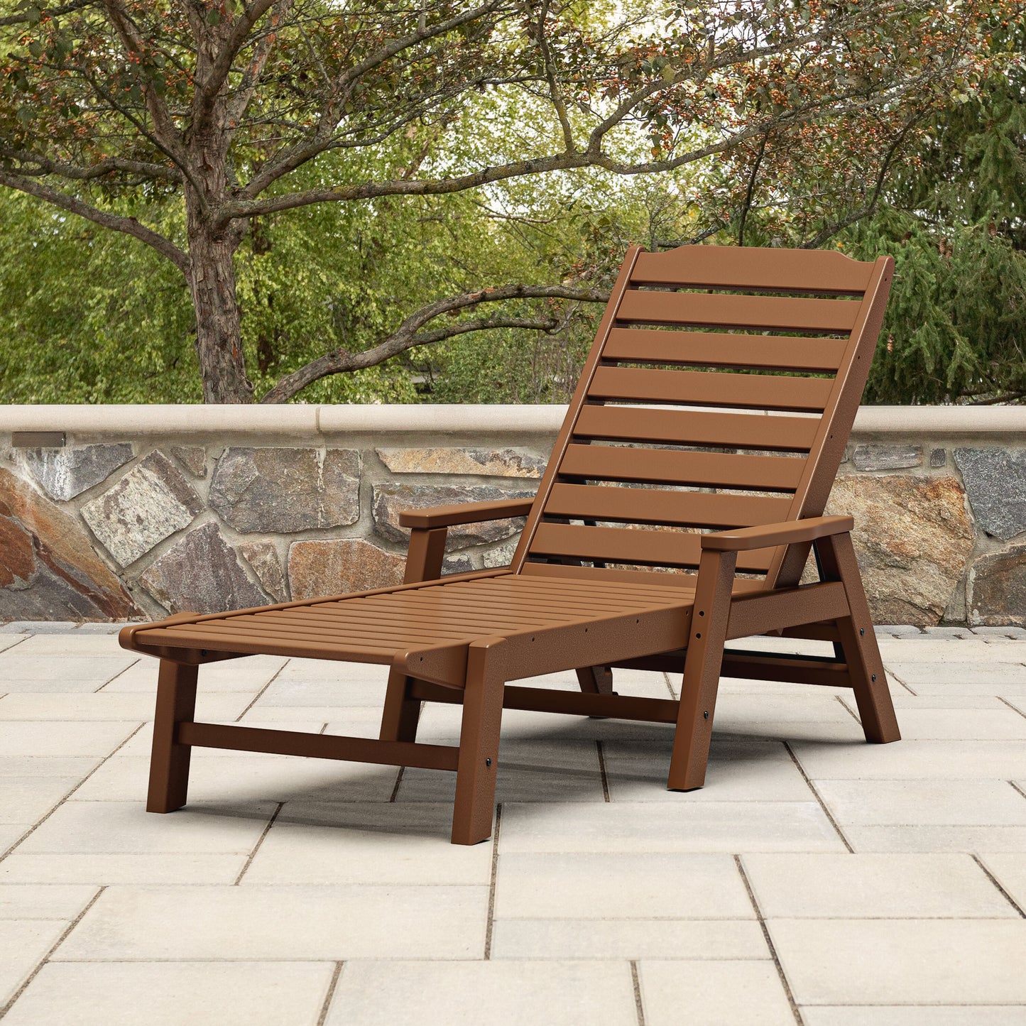 allen + roth by POLYWOOD Oakport Stackable Teak HDPE Frame Stationary Chaise Lounge Chair with Slat Seat