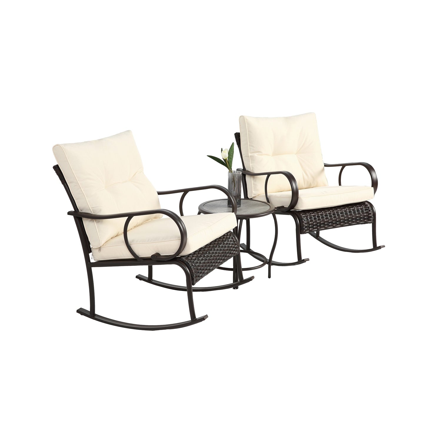 Bybafun 3 -Piece Rattan Patio Conversation Set with Off-white Cushions