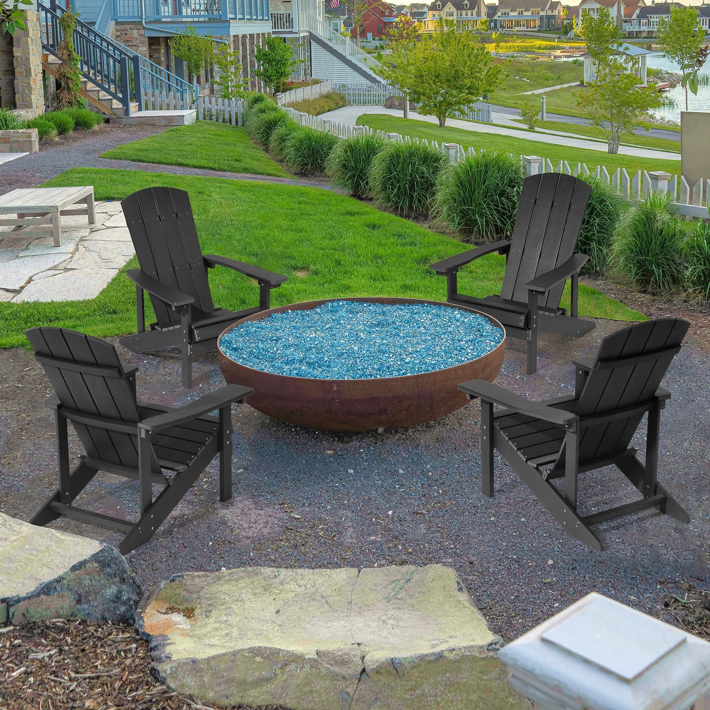 Sonkuki Patio Chair Set of 4 Black Plastic Frame Stationary Adirondack Chair with Solid Seat