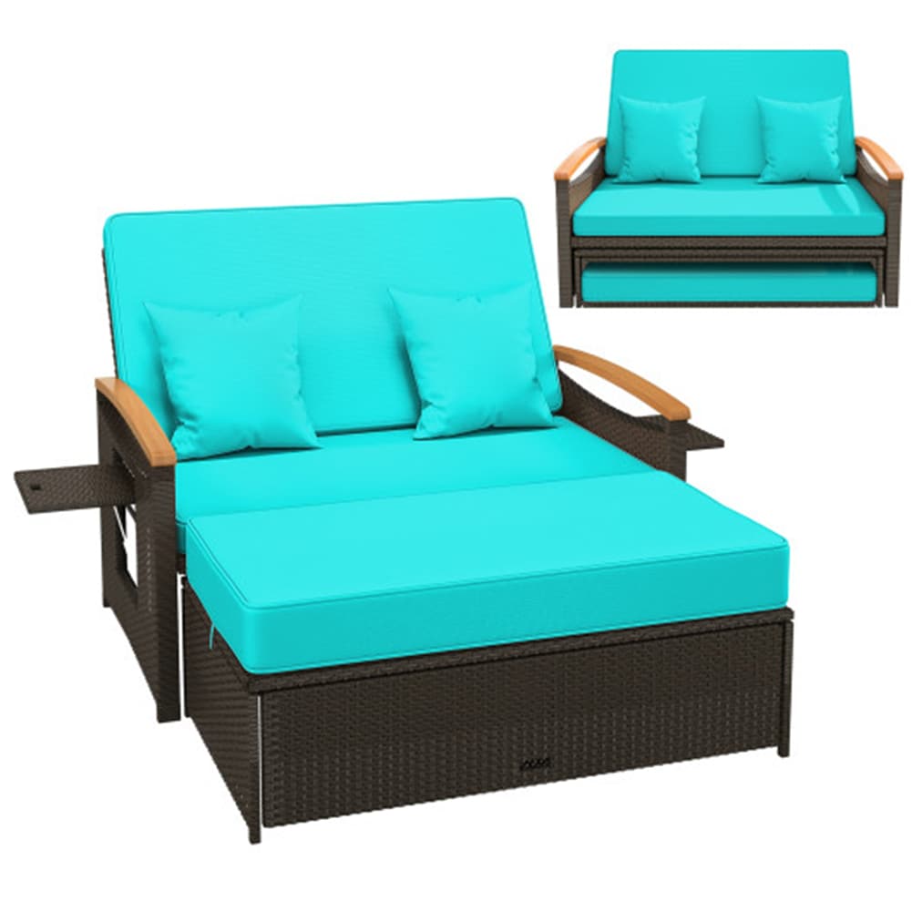 Poinic Rattan Outdoor Daybed with Blue Cushions and Steel Frame