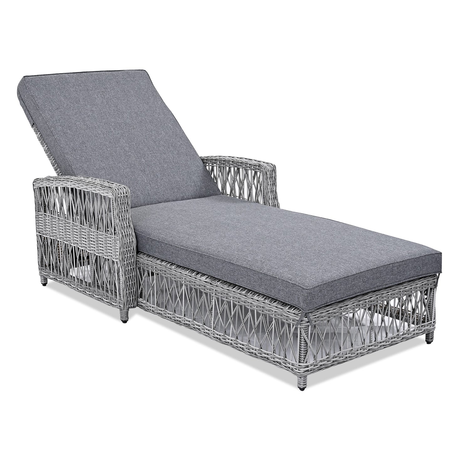 Bybafun Rattan Gray Metal Frame Stationary Chaise Lounge Chair with Gray Cushioned Seat