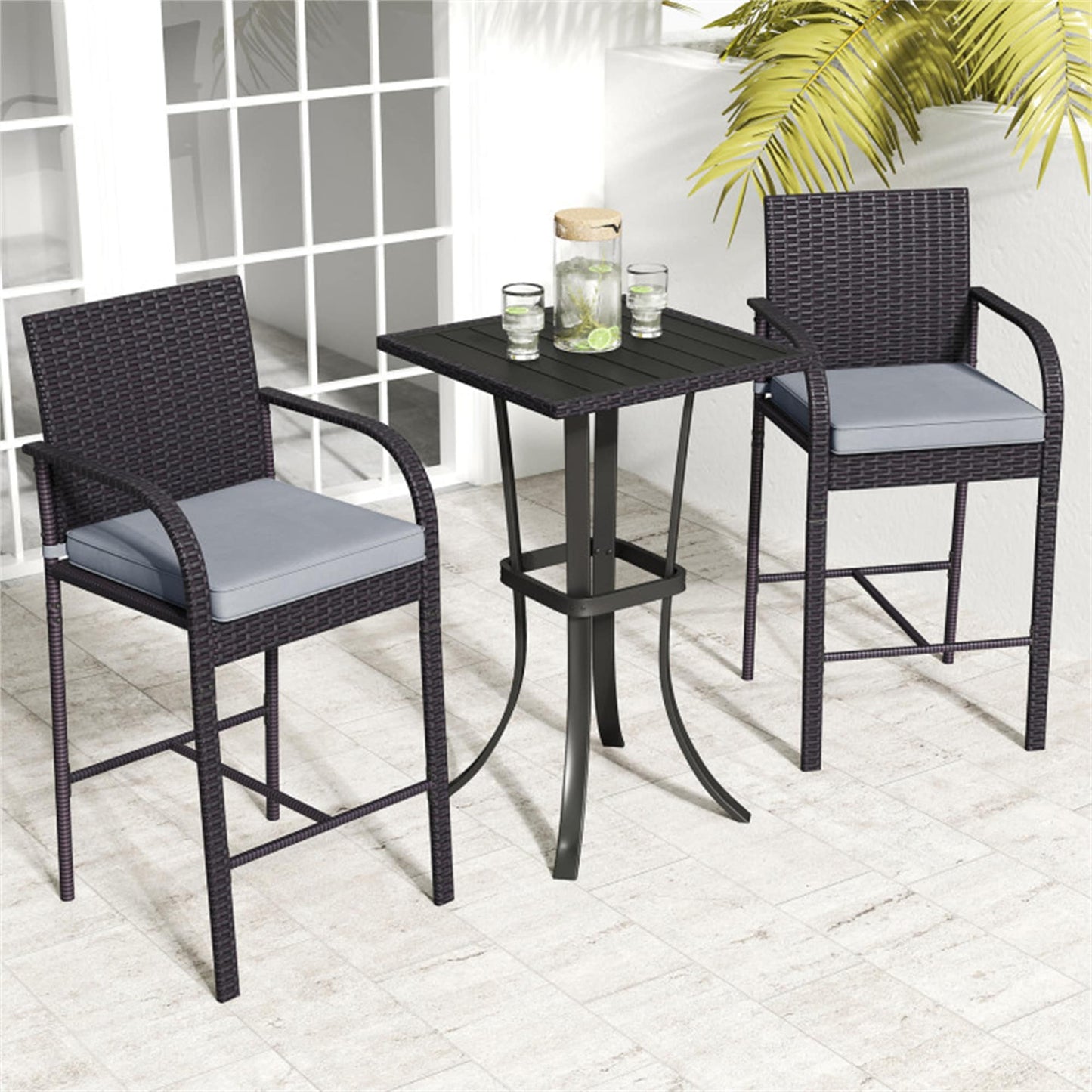 BABOOM 3 -Piece black/metal Rattan Balcony Height Patio Dining Set Steel Square Table with 2 Gray Stationary Chairs