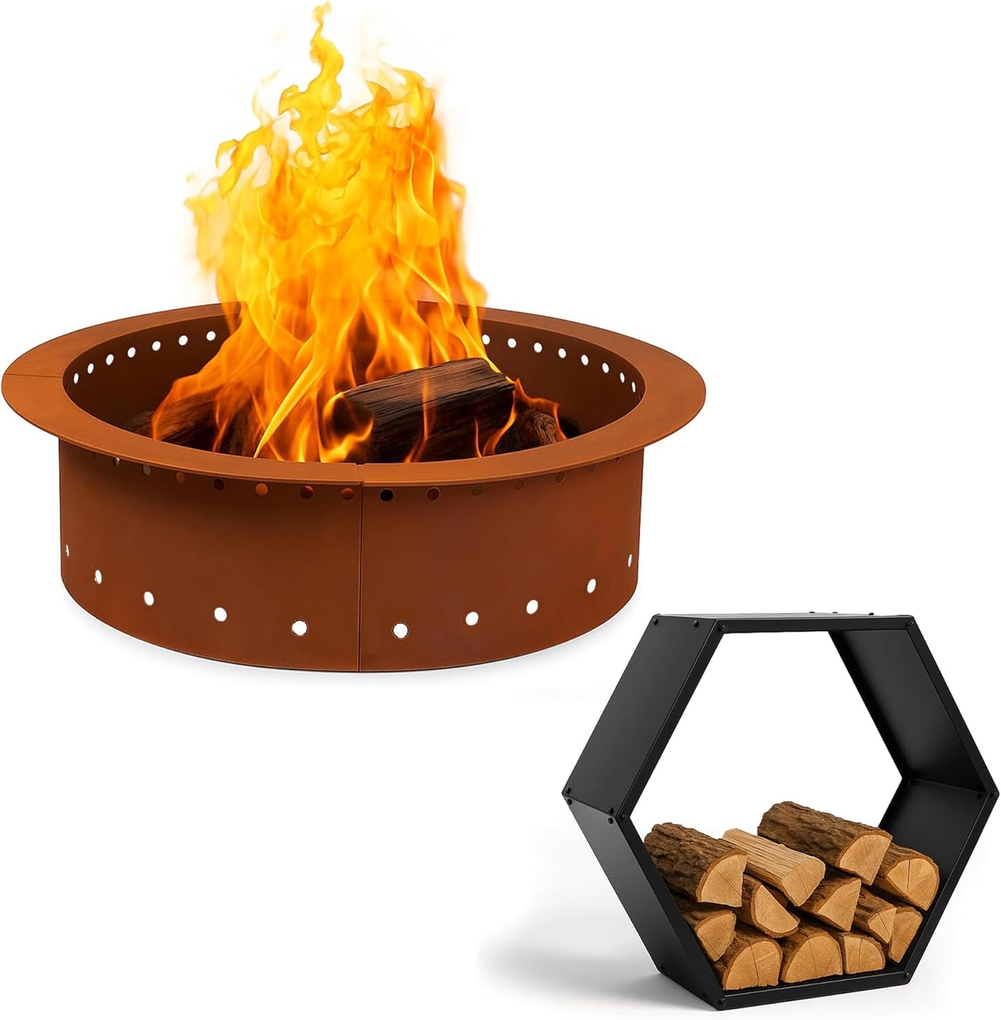 Iron Forge Tools 36" Smokeless Corten Steel Fire Pit Ring & 30" Hexagon Firewood Rack with Cover – Heavy Duty Outdoor Wood Storage & Firepit Insert Combo, Patent Pending