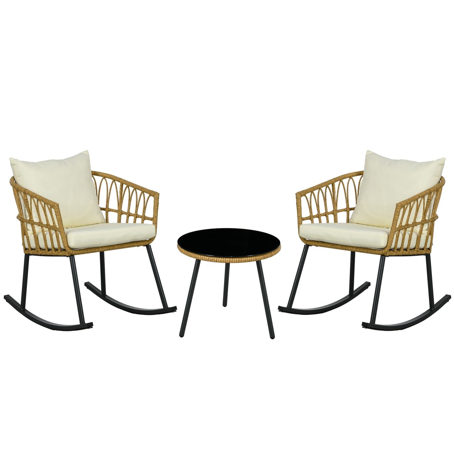 Clihome PE Rattan Wicker Patio Rocking Chair 3 -Piece Wicker Patio Conversation Set with Off-white Cushions