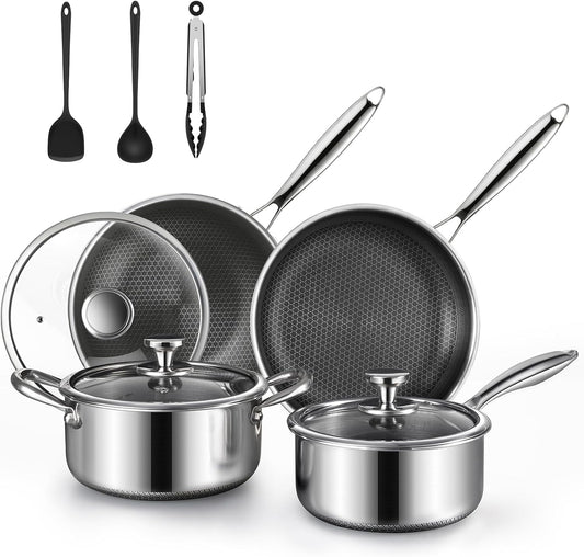 10 Pcs Non Stick Pots and Pans Set with Lids, Hybrid Stainless Steel Cookware Set, Skillet,Stock Pot,Frying Pan,Kitchen Cooking Utensils,Non Toxic,Induction,Dishwasher Safe