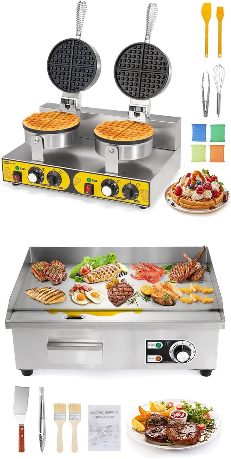 Dyna-Living Double Head Commercial Waffle Maker 2400W & Commercial Electric Griddle 22'' Flat Top Grill Countertop 122°F-572°F Temp Adjustable