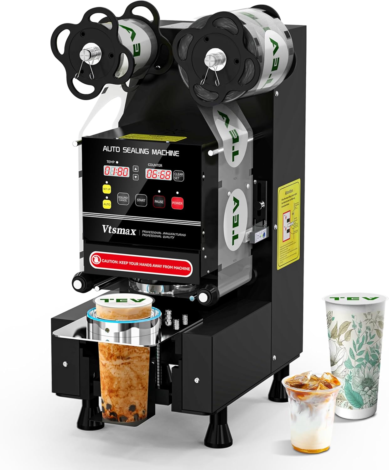 Vtsmax Automatic Cup Sealing Machine 90\/95mm, 500-700 Cups\/H Electric Cup Sealer with Counting LCD Panel for Bubble Tea, Milk, Juice, Coffee and Boba Shop etc. (Black)