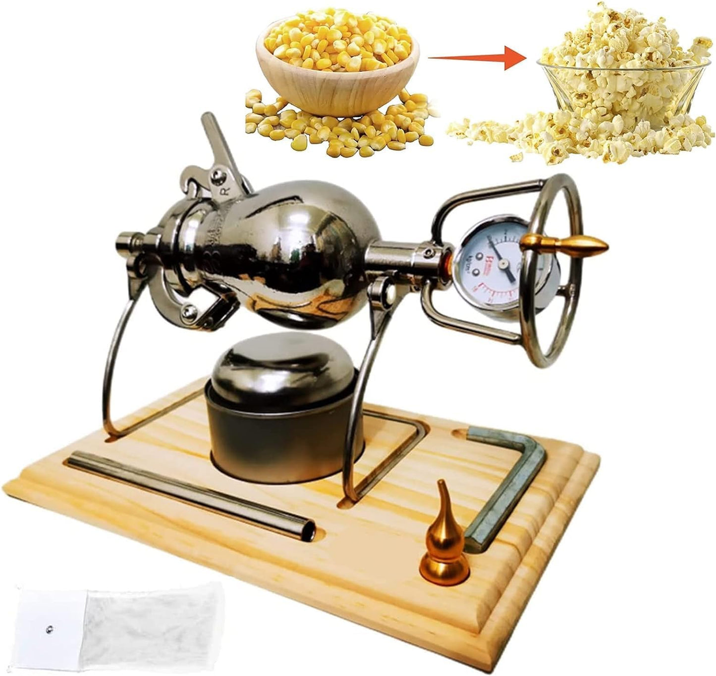 GeRRiT Mini Hand Crank Popcorn Maker 260ml 304 Stainless Steel Retro Hand Crank Slow Heating with Pressure Gauge