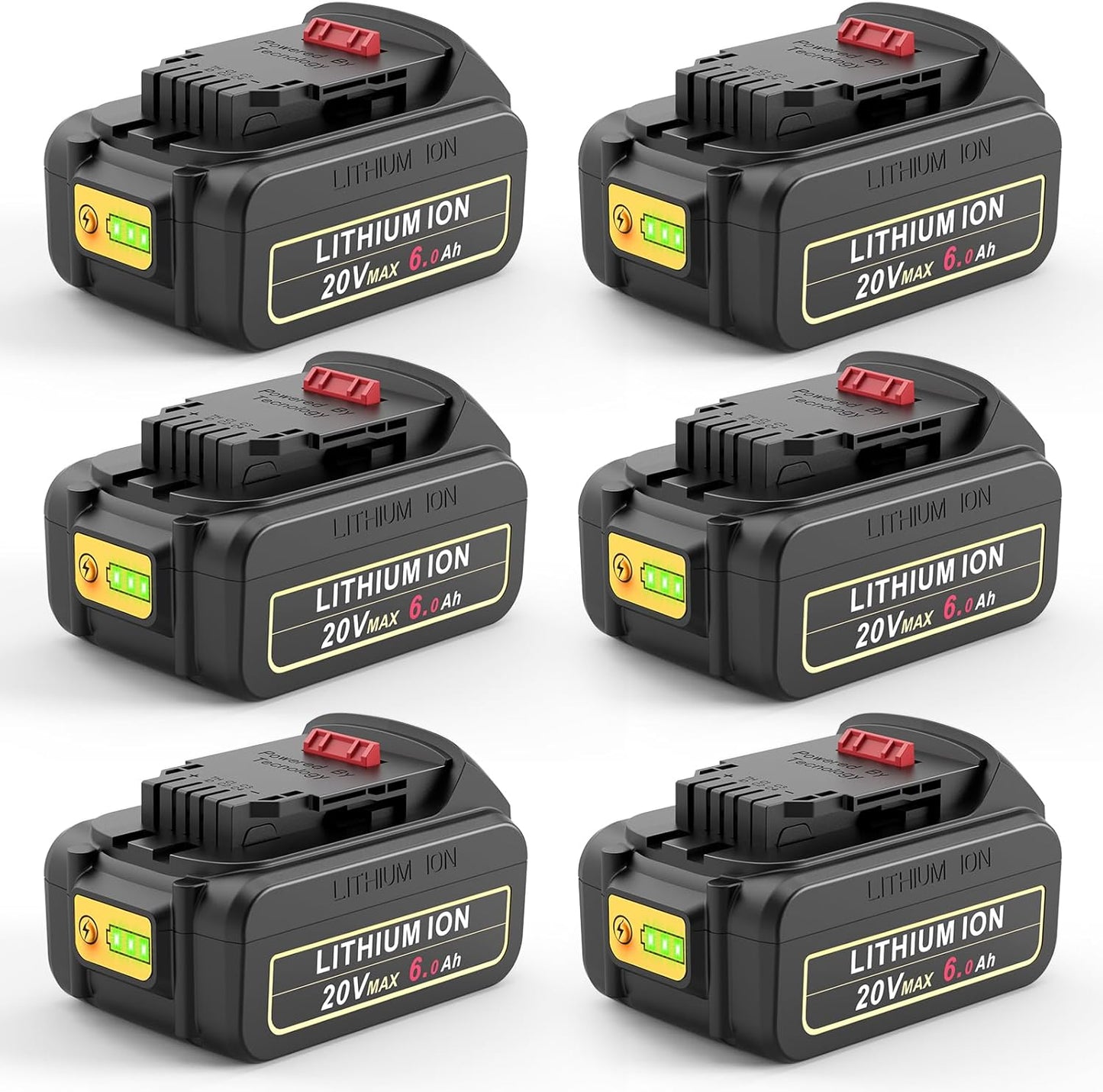 ARyee 6-Pack 20V 6.0Ah Replacement for Dewalt 20V Battery DCB200 DCB201 DCB203 DCB204 DCB205 DCB206, DCD\/DCF\/DCG Max Series Cordless Power Tools