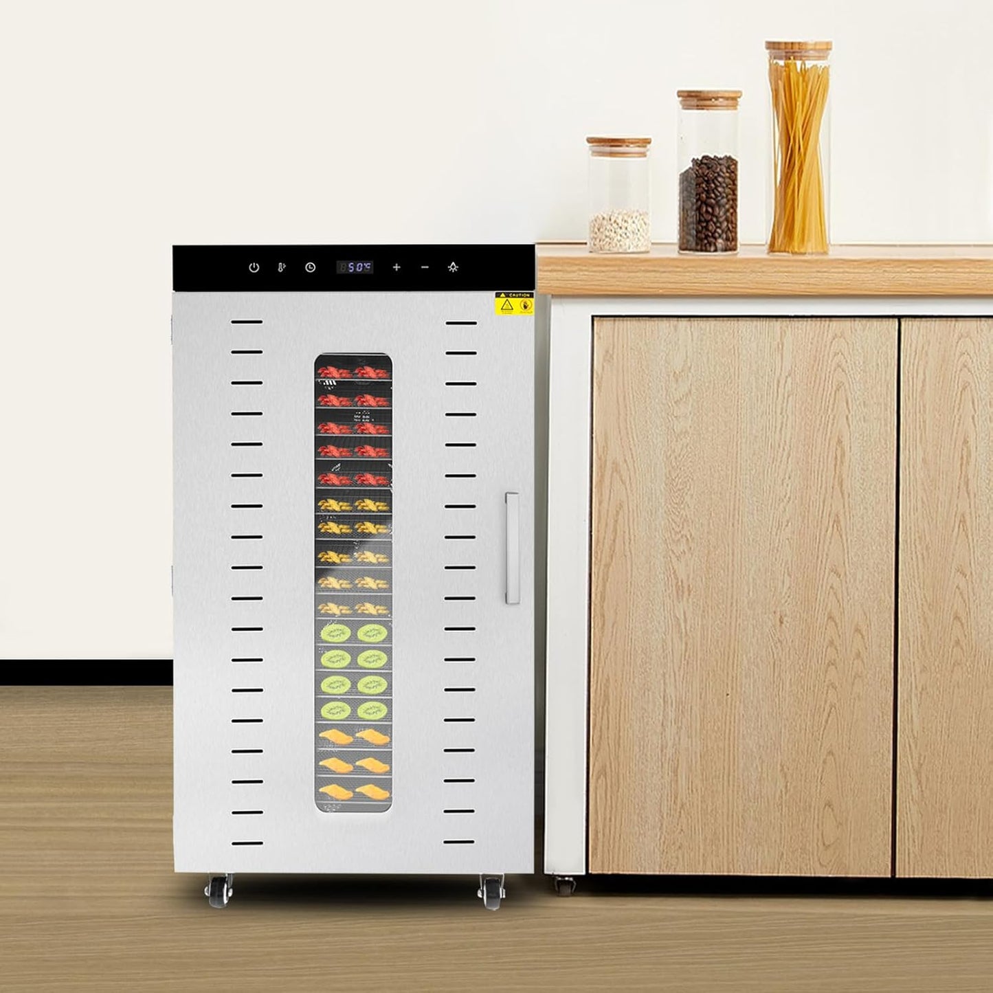 Commercial Electric Food Dehydrator Machine with Wheels 1700W 20 Tray Stainless Steel Food Dehydrator for Meat Beef Jerky 86-194°F Temperature Control 0.5-24h Digital Timer (20 Trays)