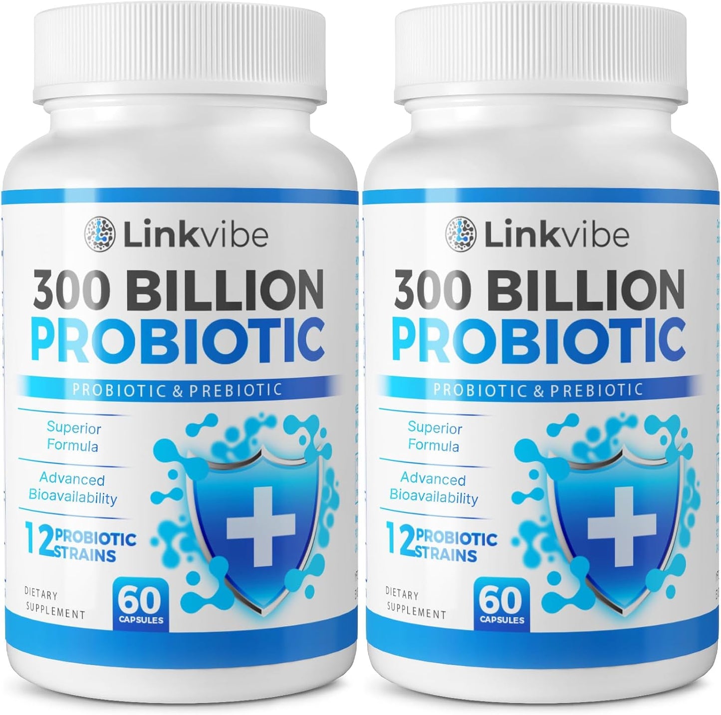 Linkvibe Probiotic 300 Billion CFU - 12 Strains with Organic Prebiotics for Digestive & Gut, Immune, Bloating Health - Probiotics for Women and Men - Daily Dairy Free, Shelf Stable - 120 Counts