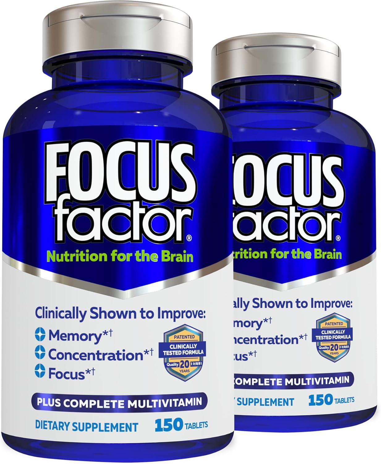 Focus Factor Nutrition for The Brain, Improved Memory & Concentration Brain Supplement, Complete Multivitamin with Vitamins B6, B12, D, Bacopa Monnieri & Tyrosine, 150 Count (Pack of 2)