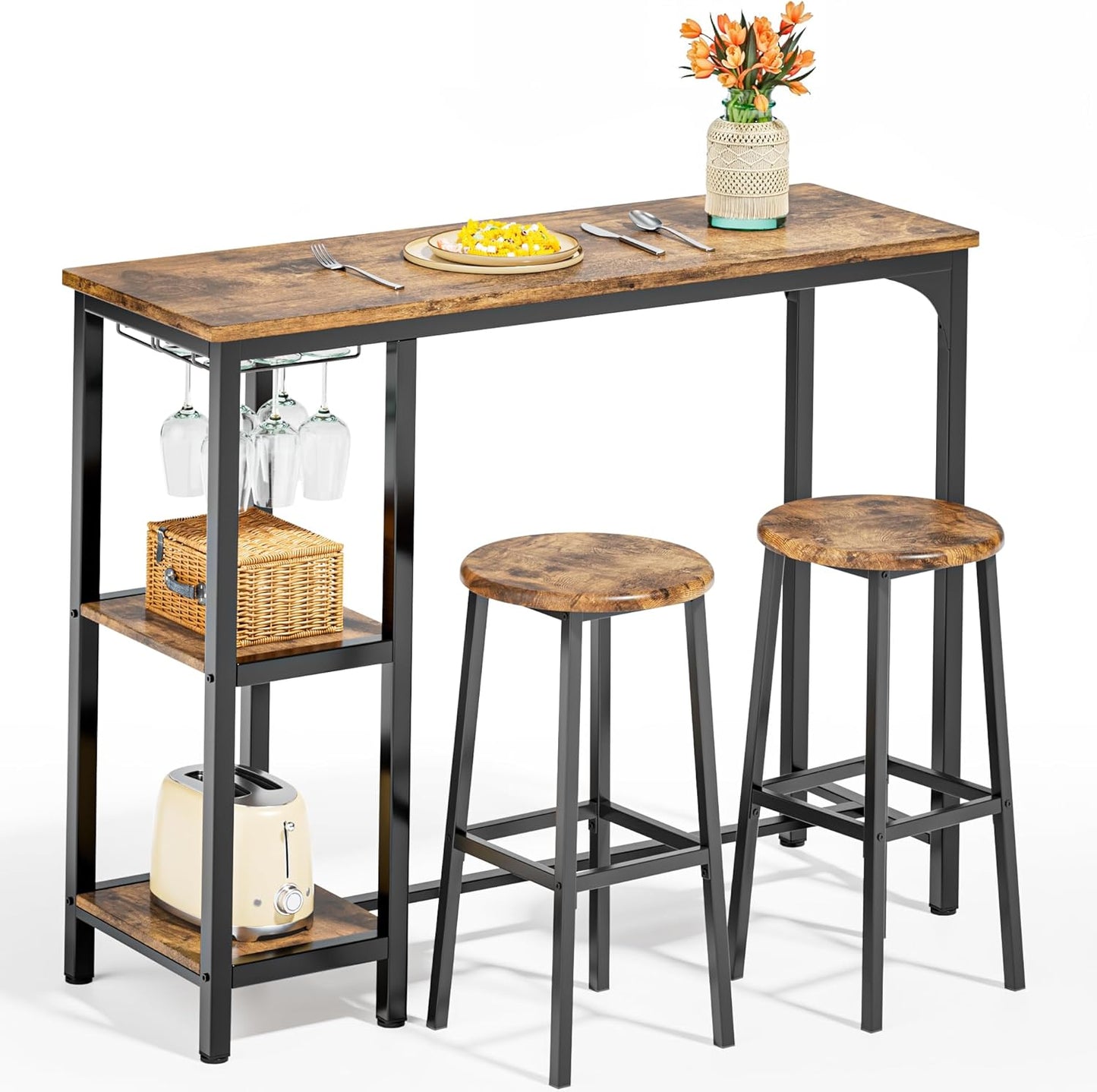Qsun 3-Piece Bar Table Set for 2, Table with Stools & 2 Storage Shelves, Small Bar Table Set with Glass Rack, Small Kitchen Table for Dining Room, Living Room, Rustic Brown