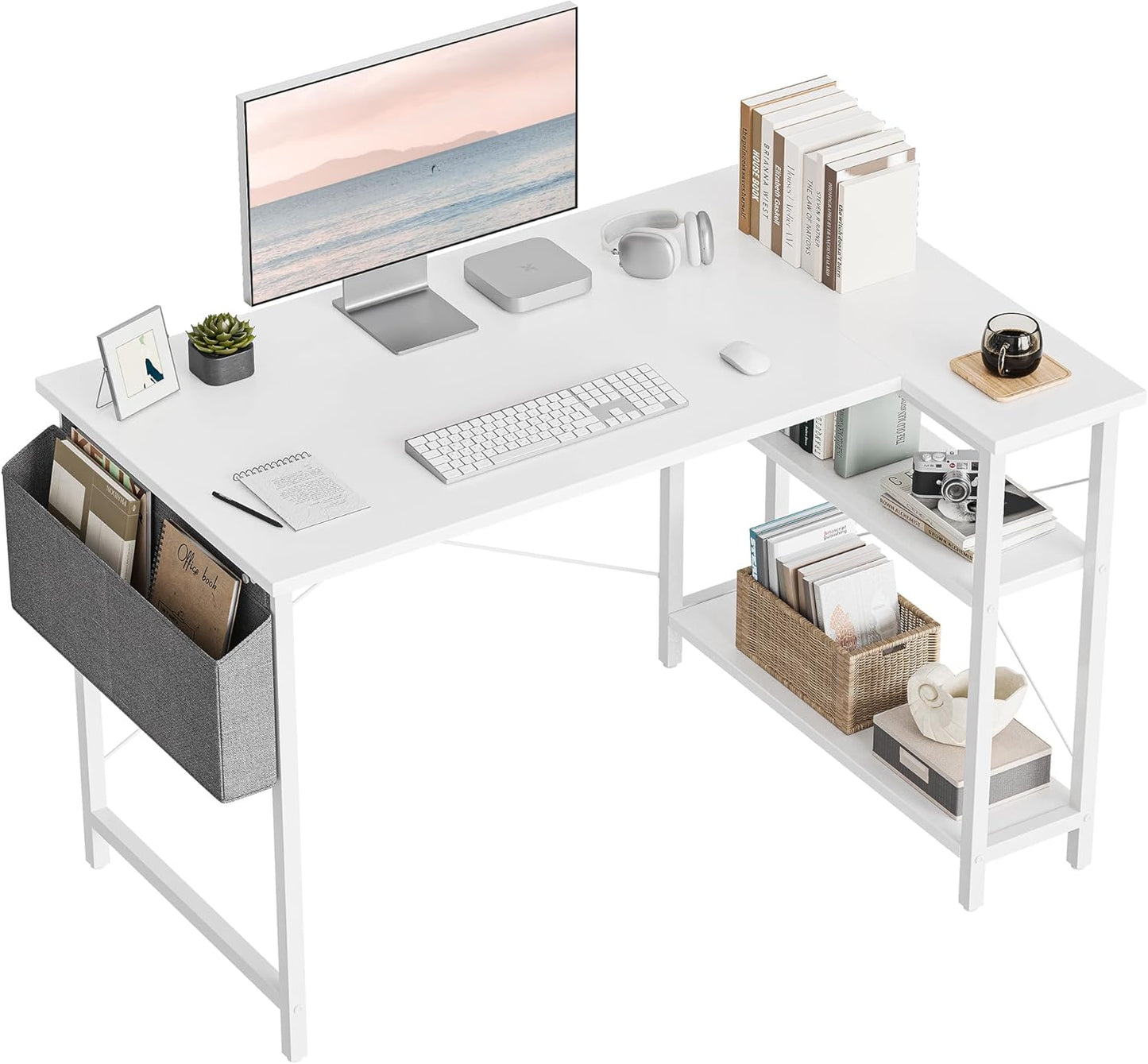 TENKIA L Shaped Desk, 40" Small Reversible Corner Computer Desk with Storage Shelves, Home Office Desk Study Writing Table, White