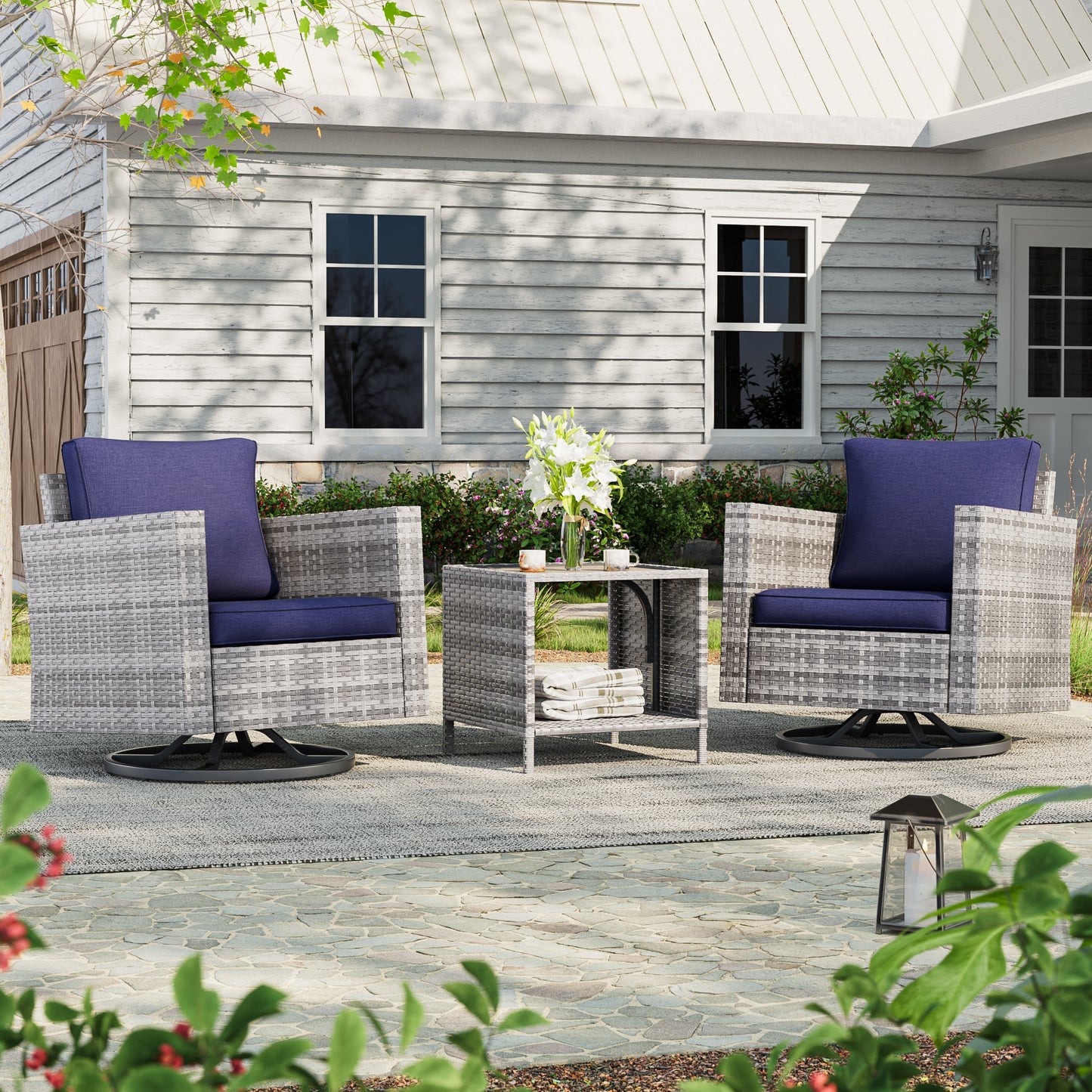 ACEGOSES Patio Swivel rocker chairs 3 -Piece Wicker Patio Conversation Set with Blue Cushions