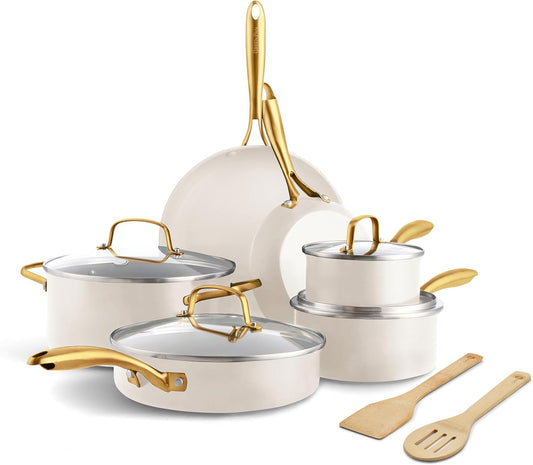 GreenPan 12 Piece Nonstick Swift Cookware Set, Ceramic PFAS-Free Pots & Pans with Lids, Dishwasher & Oven\/Broiler Safe to 600F, Kitchen Cooking Set, Sauce, Saute, Stock, Frying Pans, Cream