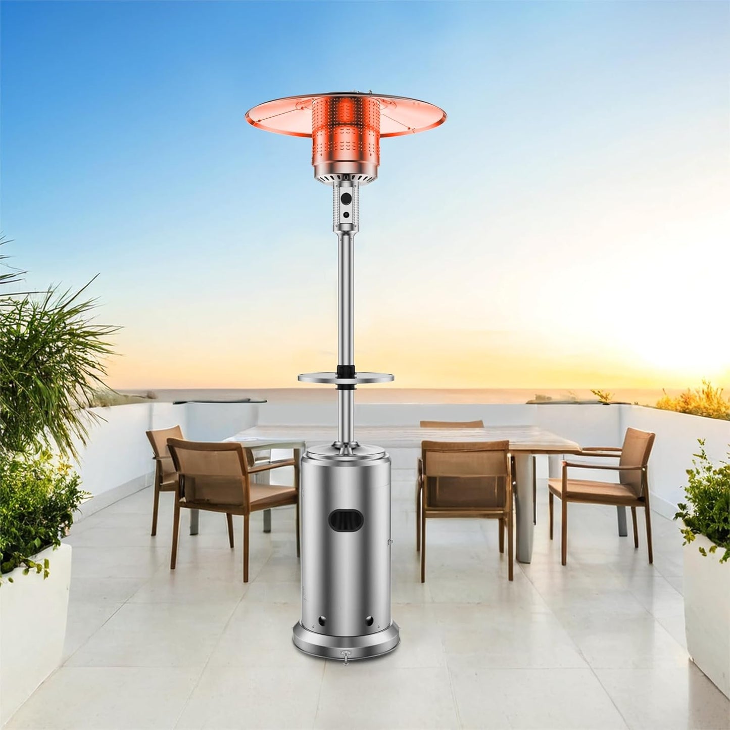48,000 BTU Umbrella Patio Heater with Wheels and Shelf Tabletop, 7ft Freestanding Outdoor Propane Heater with Double-Layer Stainless Steel Burner, Safety Tilt Switch, Ideal for Gardens, Backyards