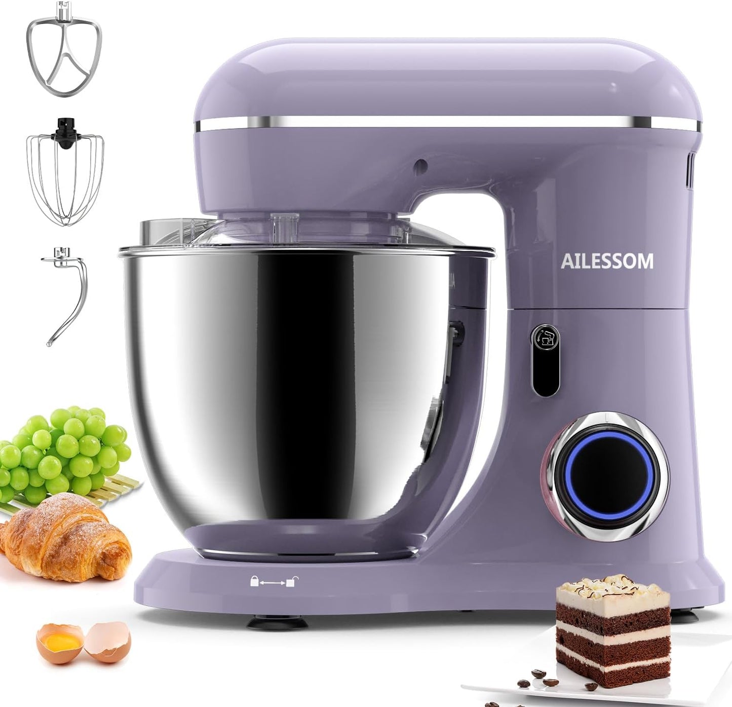 Ailessom Stand Mixer,6.5-QT 660W 10-Speed Tilt-Head Food Mixer, Kitchen Electric Mixer with Bowl, Dough Hook, Beater, Whisk for Most Home Cooks, (6.5QT, Vine Purple)…, 1533P