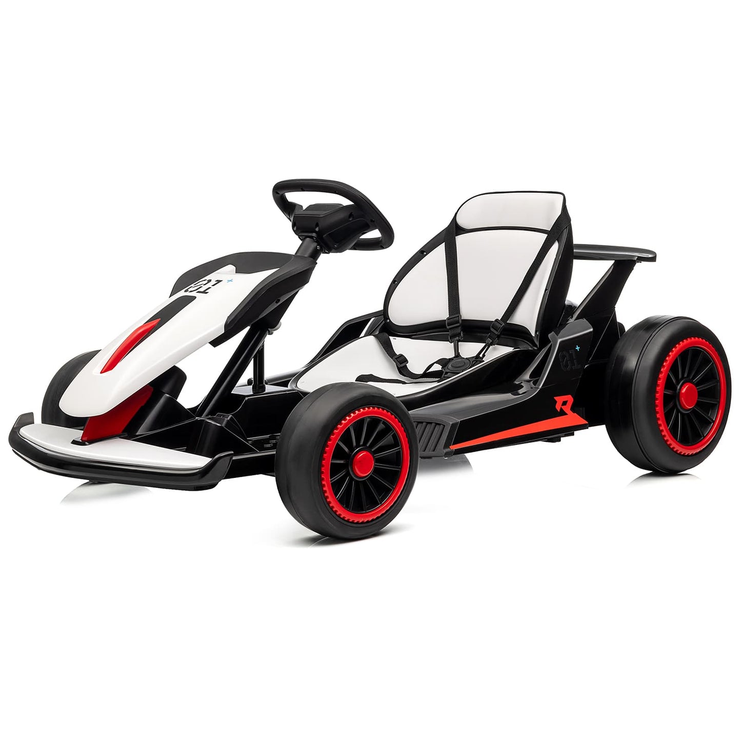 Qeetex 24V Electric Drift Go Kart For Kids Ages 6-12 With Dual 200W Motors 8.1 MPH Adjustable Seat Led Lights Music Usb FM Radio Steel Frame White