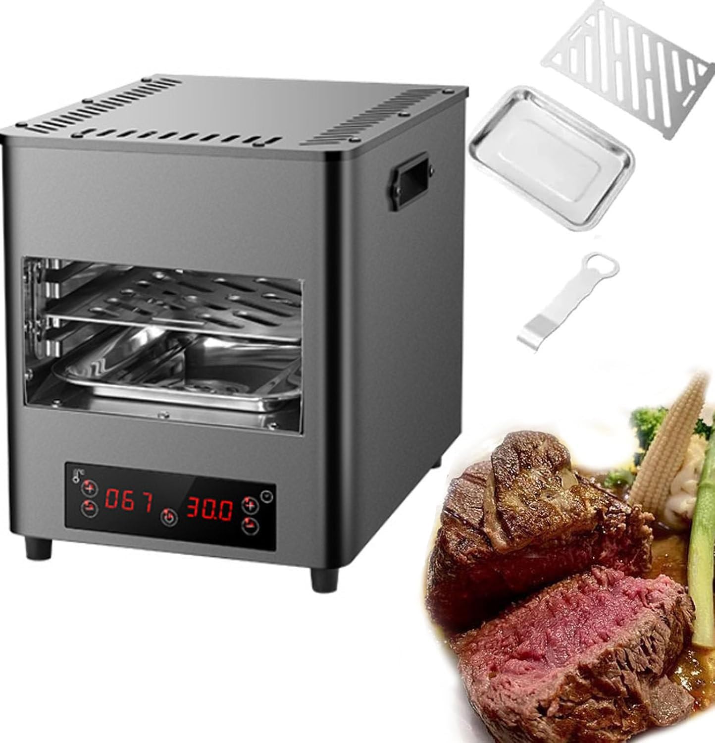 Electric Steak Grill,1700W Smokeless Electric Steak Broiler, LCD Touch Panel,(1 Grill+1 Tray+1 Clip)100-800℃ Adjustable Temperature,for Beef Chicken Vegetables,A