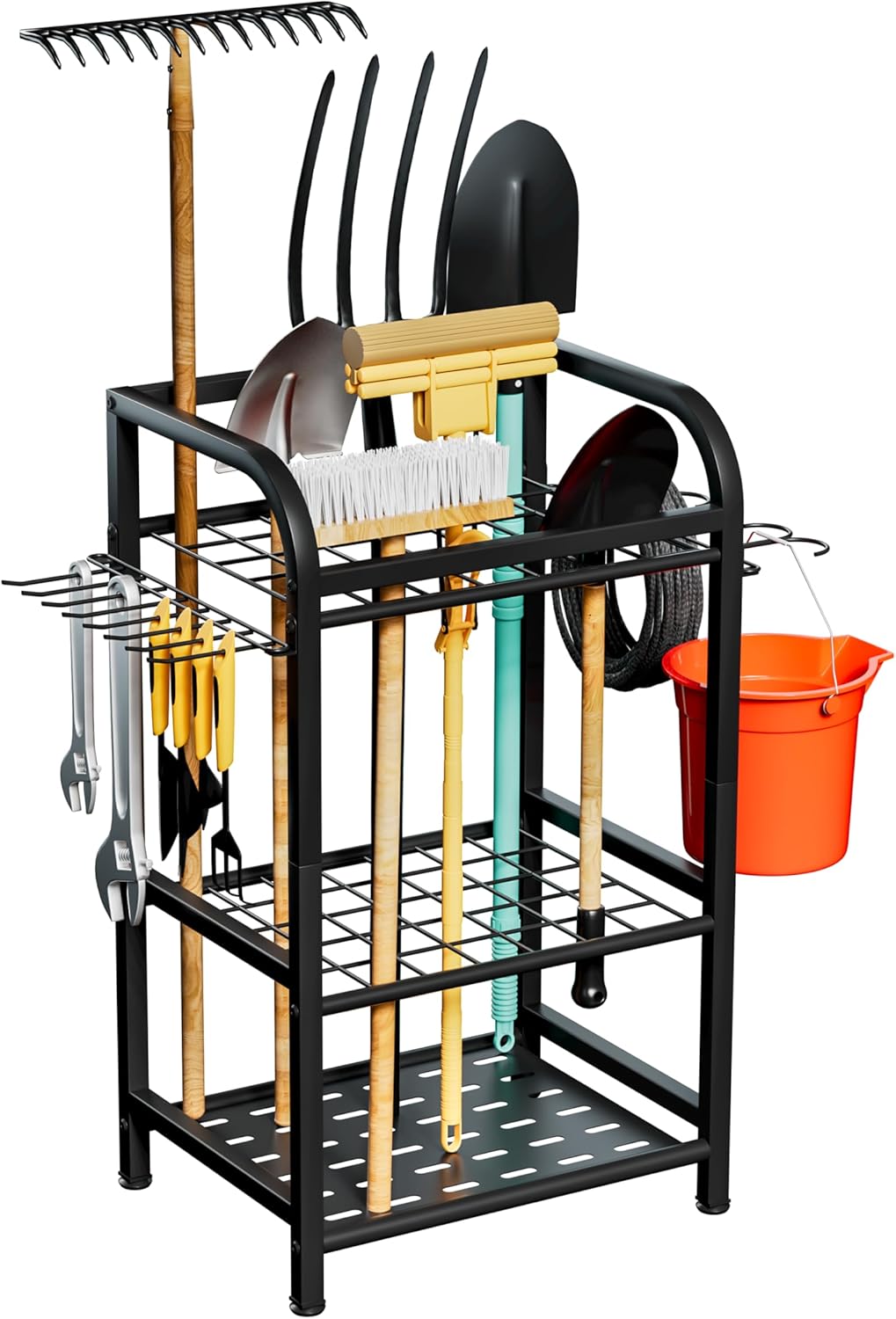 Garden Tool Organizer, Heavy Duty Yard Tool Organizer for Garage Organization Shed Outdoor, Garden Tool Storage Holds Up to 47 Long-Handled Tools, Shovels, Rakes, Brooms, Black Metal Storage Rack