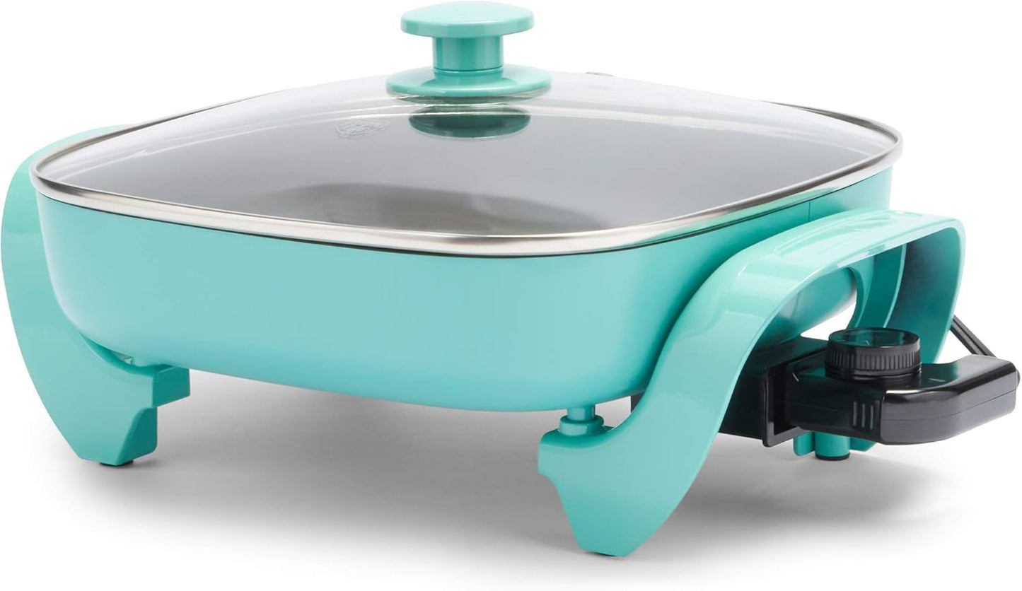 GreenLife 12" 5QT Square Electric Skillet, Glass Vented Lid, Ceramic PFAS-Free Nonstick Interior, Adjustable Temperature Control, Cool Touch Handles, Quick Even Heating, Scratch Resistant, Turquoise