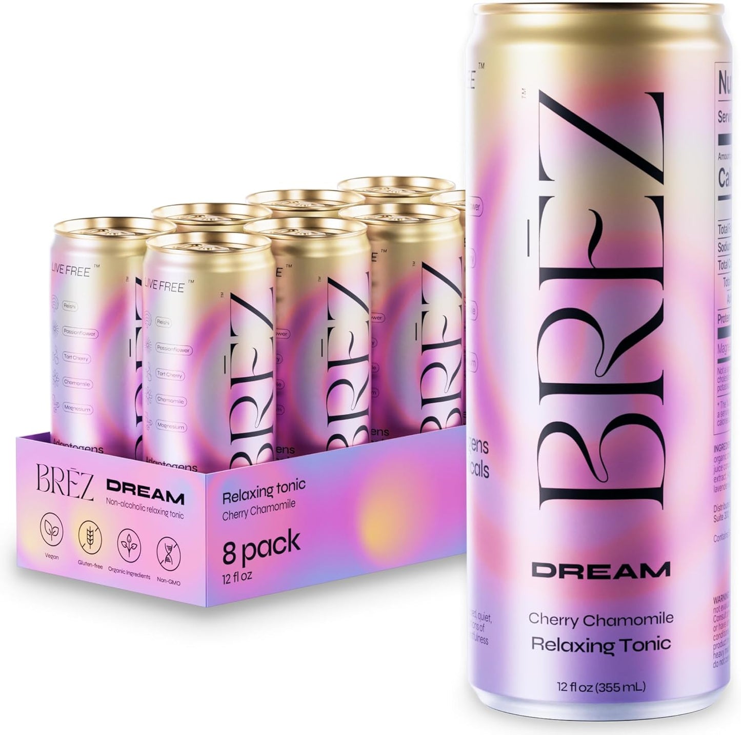 BRĒZ Dream Reishi Mushroom Drink, Non-Infused Relaxing Tonic with Reishi, Chamomile, Tart Cherry, Magnesium & L-Theanine, Vegan Adaptogen Drink for Sleep, Calm & Mood, 12 fl oz - 8 Pack