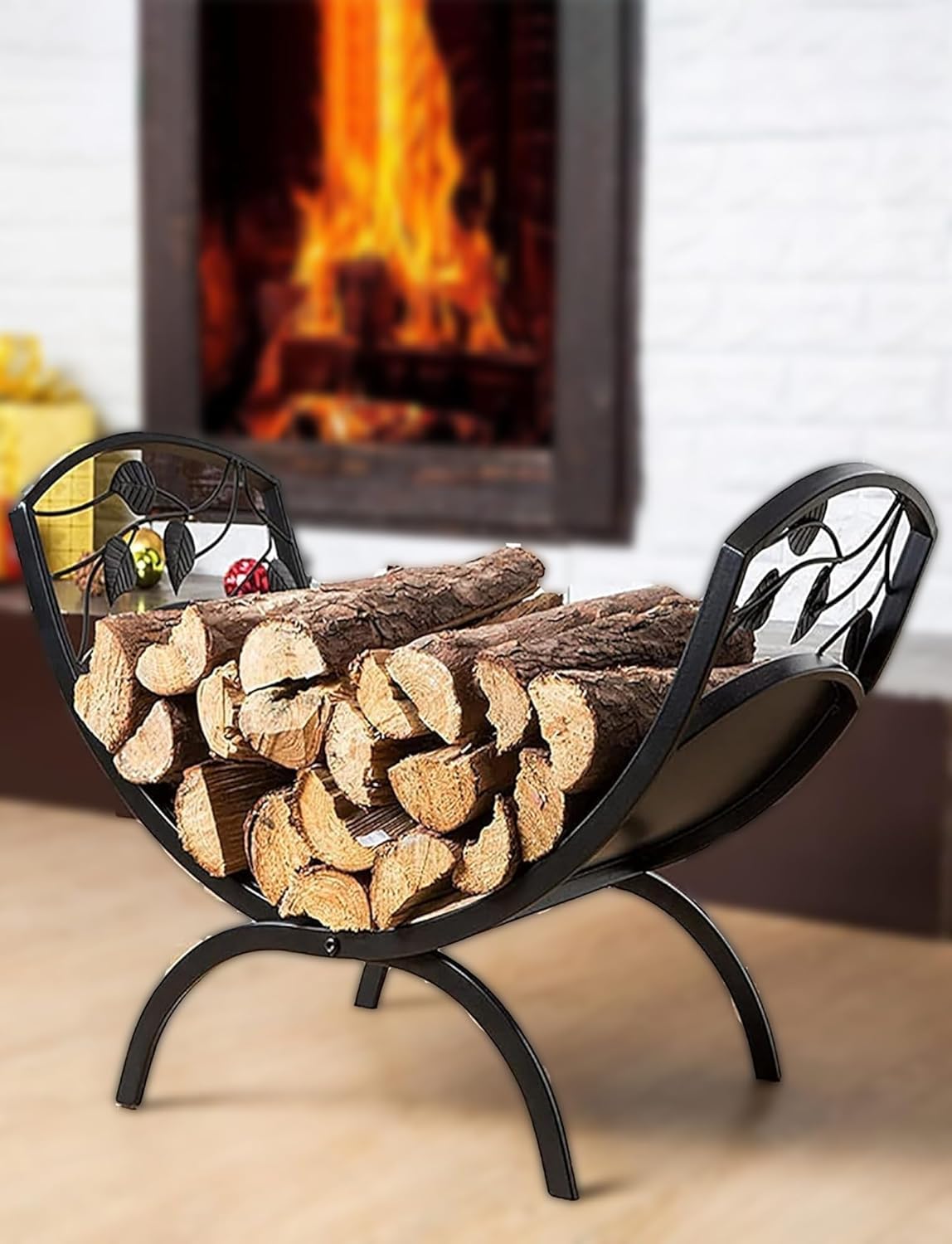 Firewood Storage Rack Foldable & Portable - Arced Metal Firewood Holder Shelf Stand for Indoor Outdoor Fireplace Log Organization