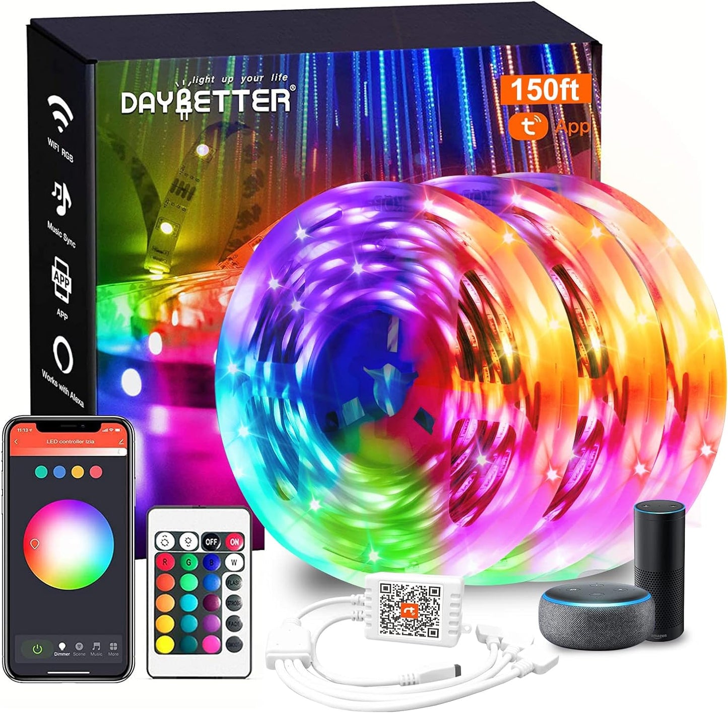 DAYBETTER Smart WiFi Led Lights for Bedroom 150 ft, Tuya App Controlled Led Strip Lights, Compatible with Alexa and Google Assistant, Color Changing Led Light Strip with Remote for Room Party Kitchen