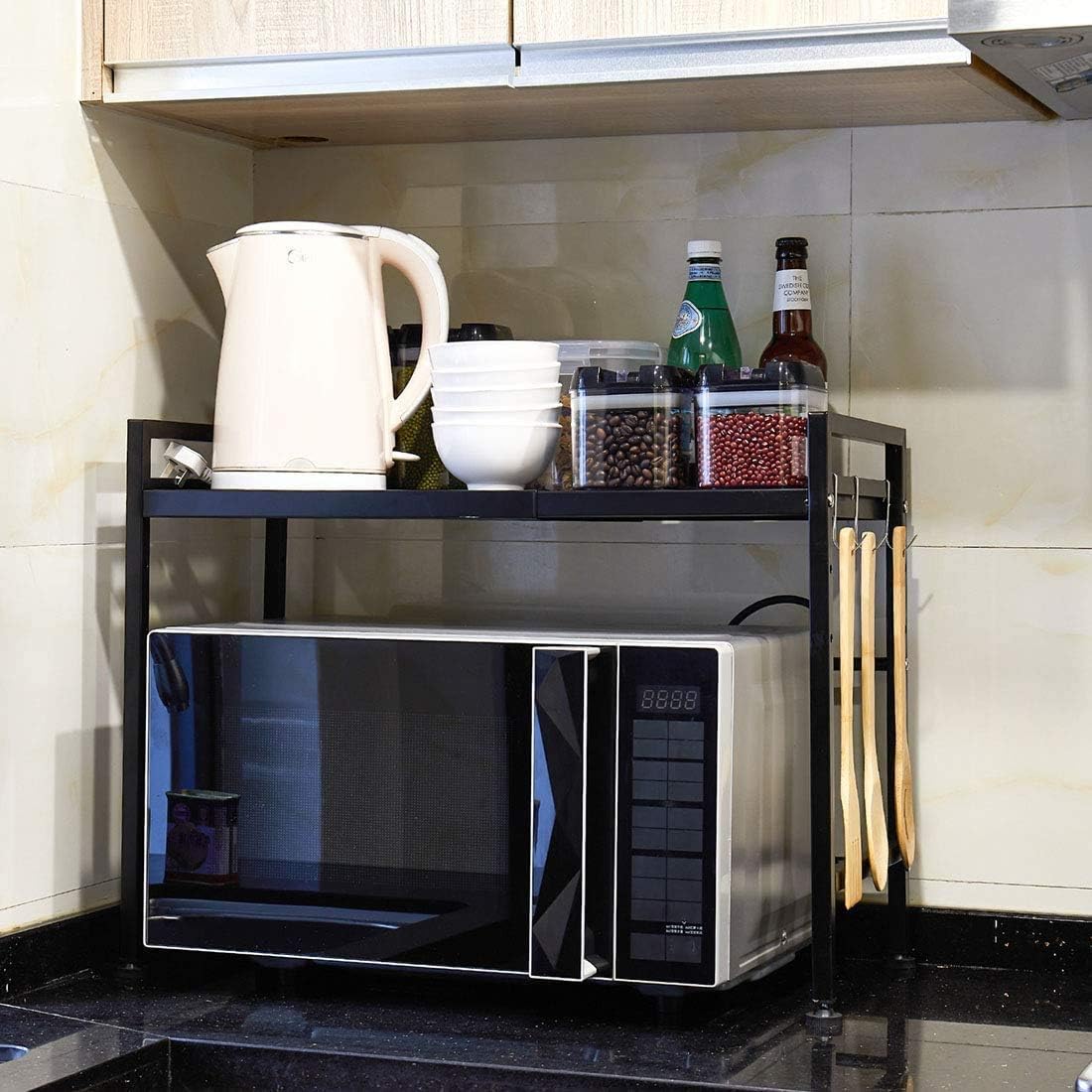 GaRcan Microwave Storage Rack Expandable Microwave Shelf, Microwave Oven Rack,2-Tier Storage Racks 3 Hooks, 66Lbs Load Bearing, Kitchen Countertop Storage Organizer Save Space/Black