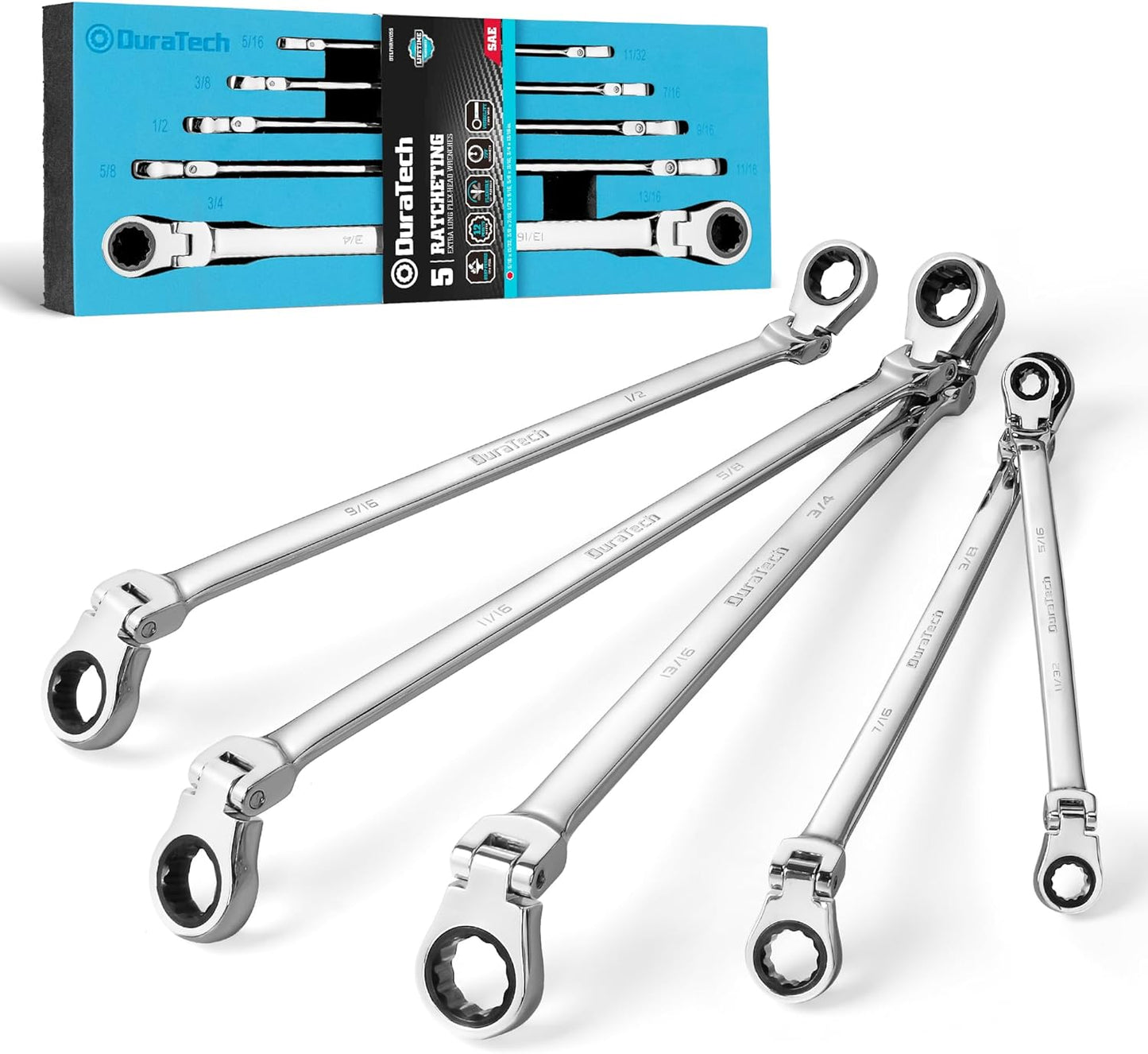 DURATECH Extra Long Flex-Head Ratcheting Wrench Set, Double Box End Wrench Set, 5-Piece, SAE, 5/16" to 13/16", CR-V Steel, with EVA Foam Tool Organizer